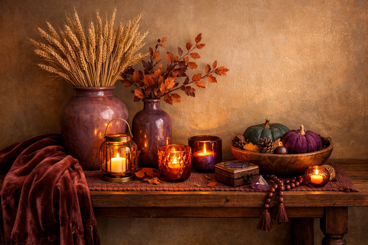 Fall seasonal decor with cordovan brown textiles and burnished lilac ceramics on rustic console