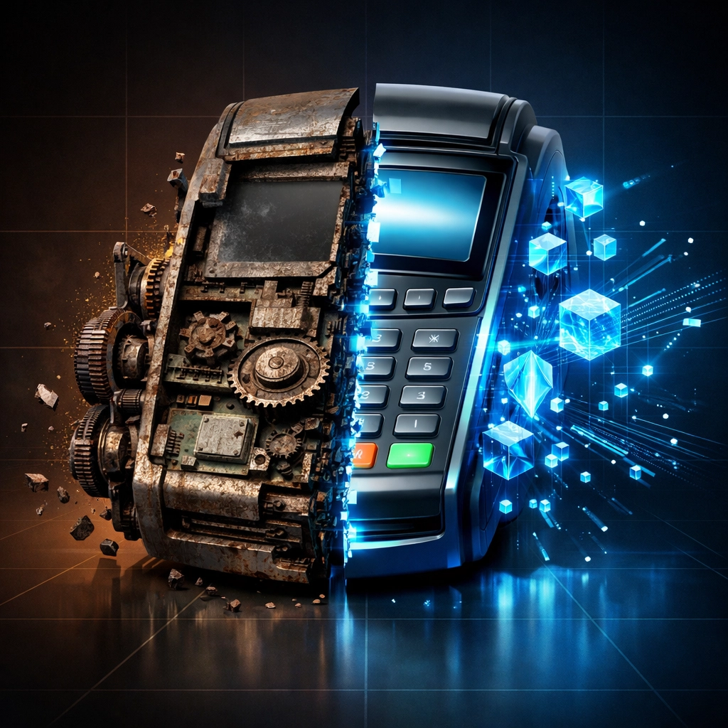 Traditional payment terminal versus blockchain payment infrastructure showing evolution from legacy to Web3