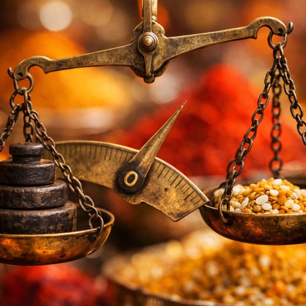 Traditional scales in a spice market highlighting food inflation challenges for the Economy of India.