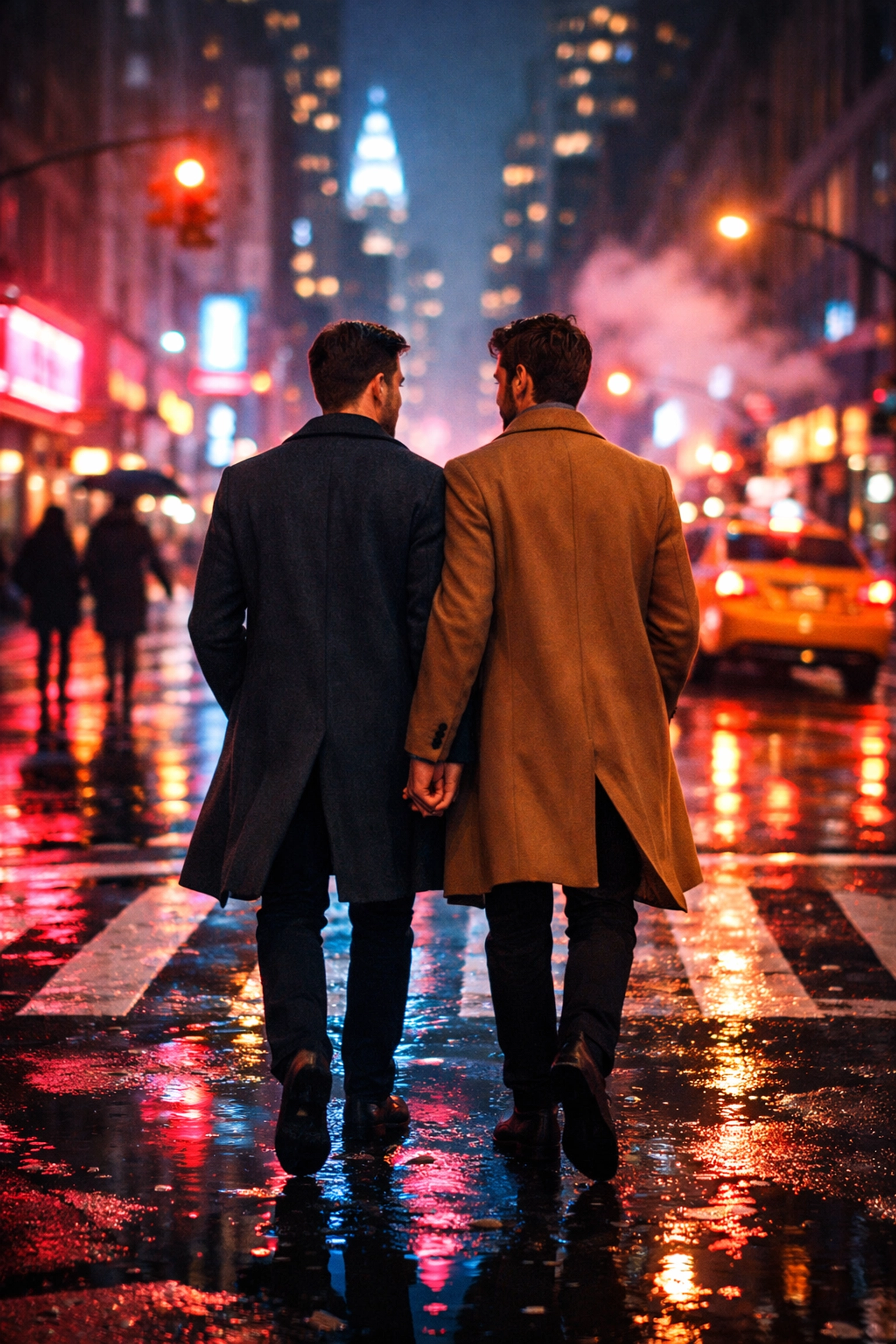 Two men in stylish coats walking through New York at night, capturing a gay love story.