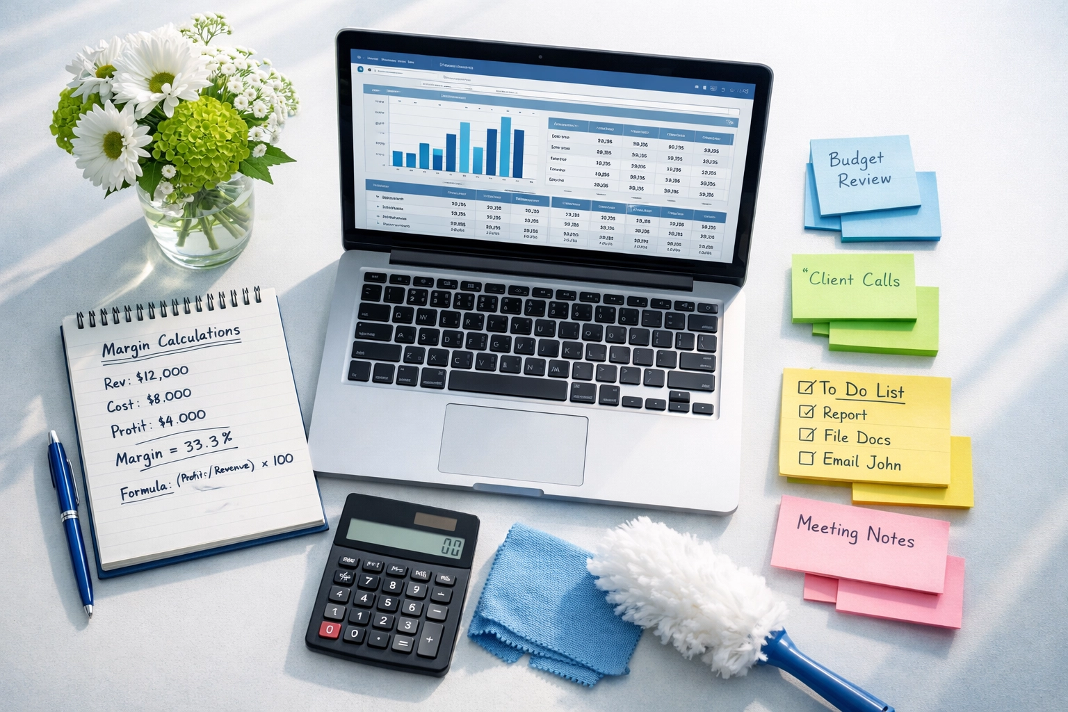 Business desk with spreadsheets and margin calculations