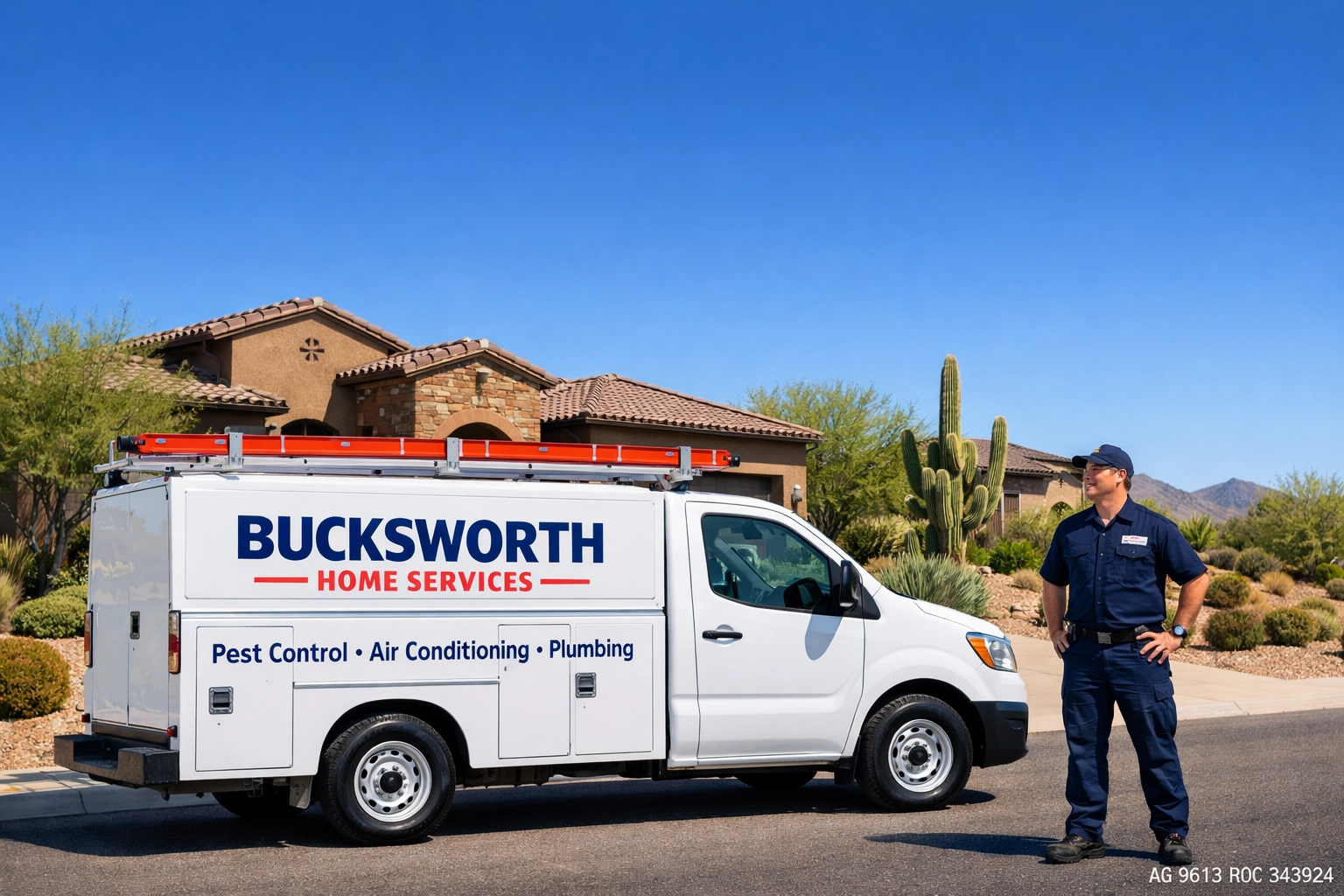 Bucksworth Home Services service truck parked in a Peoria, AZ neighborhood like Vistancia for plumbing repairs.