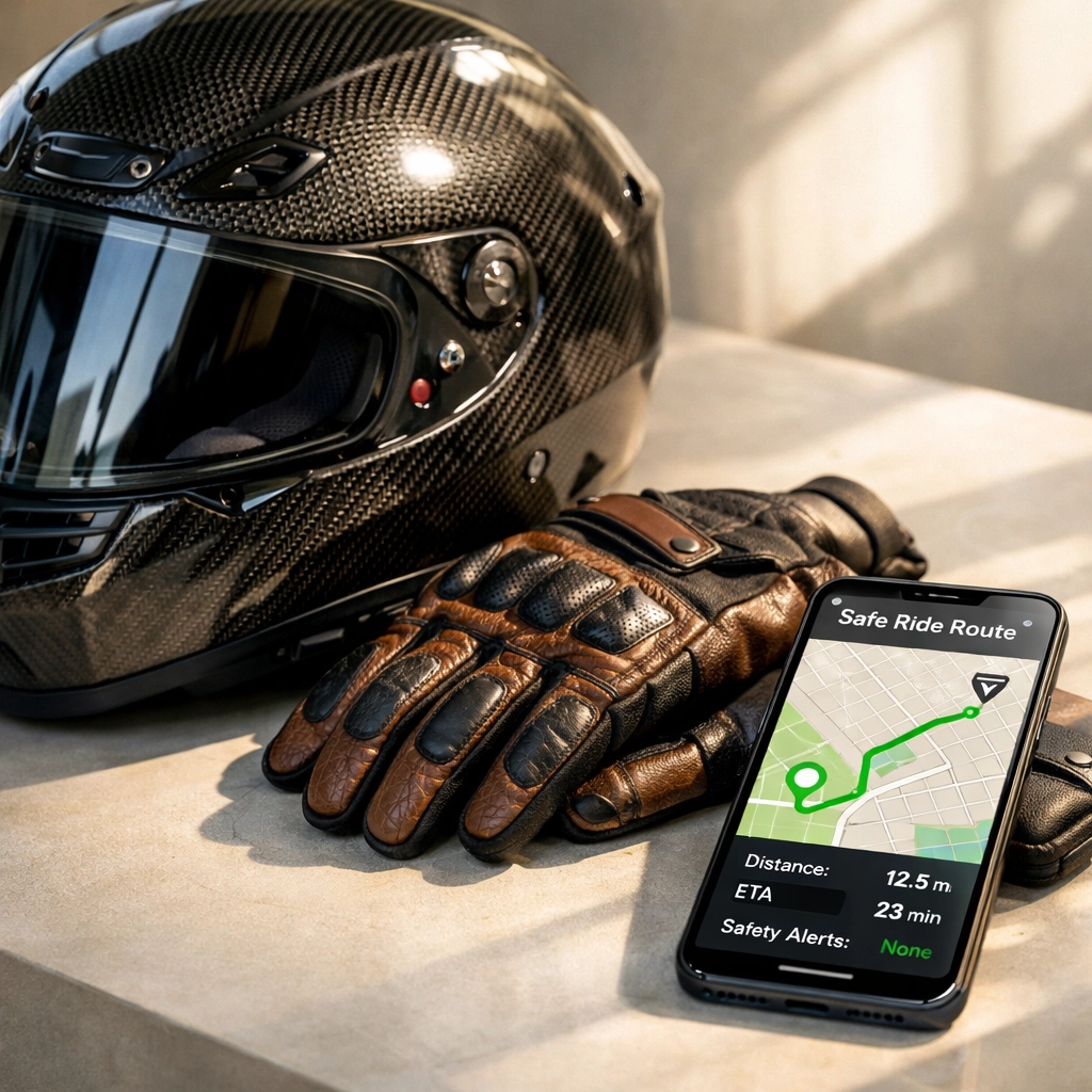 Modern motorcycle safety helmet and leather gloves beside a smartphone showing a digital rider training map.