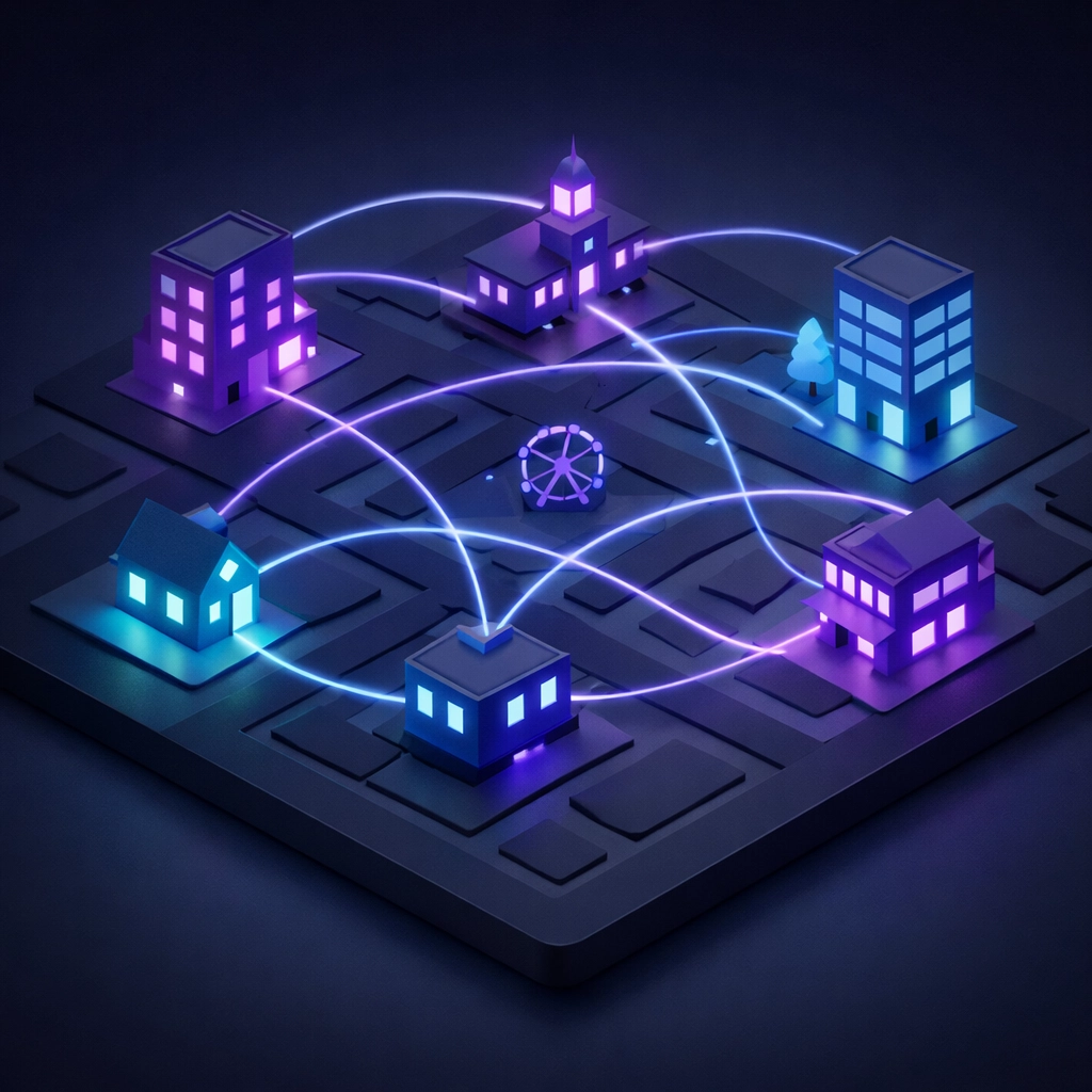 Digital neighborhood map representing a hyper-local content strategy for better local rankings.