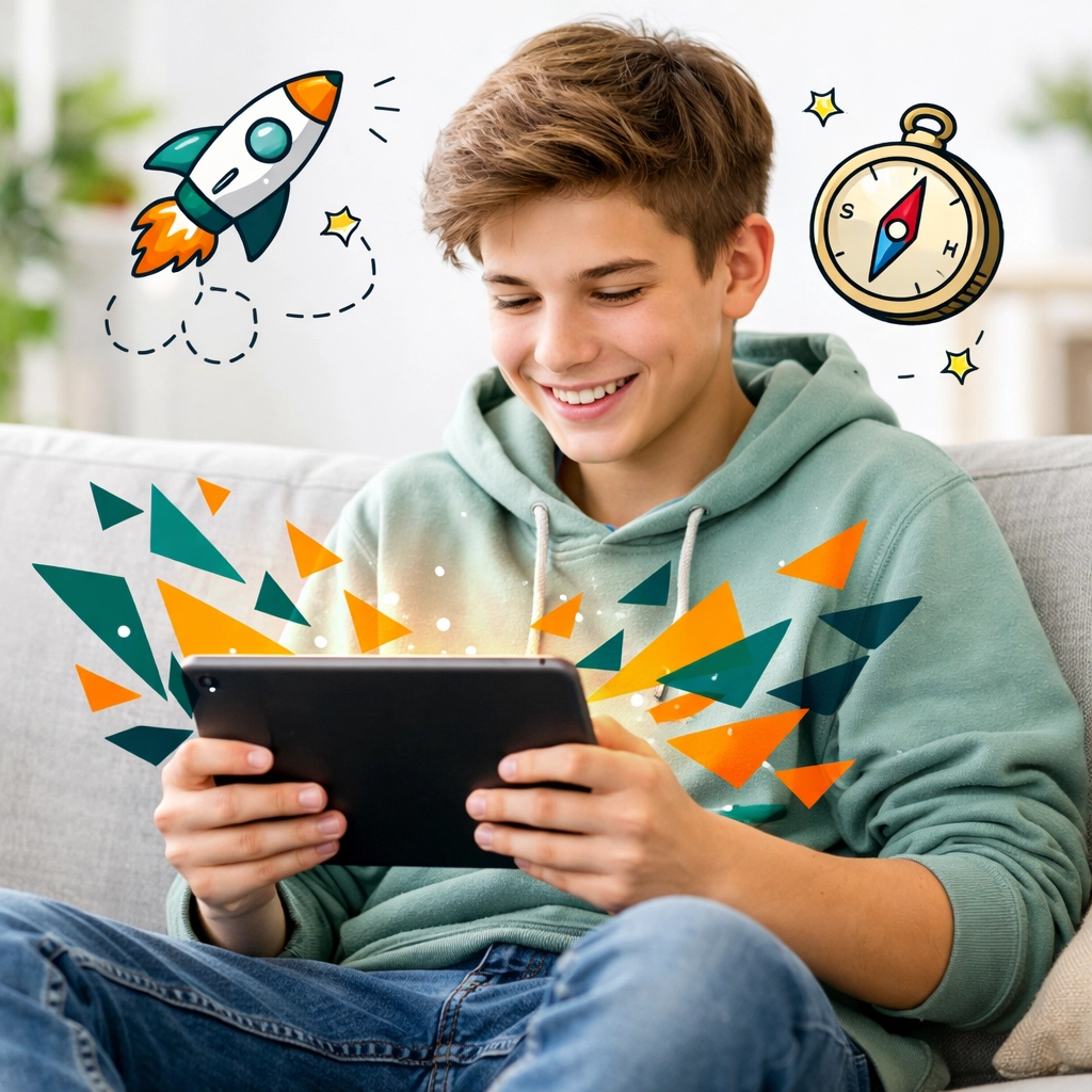 Teenage boy using a digital tablet to learn essential life skills and emotional intelligence online.