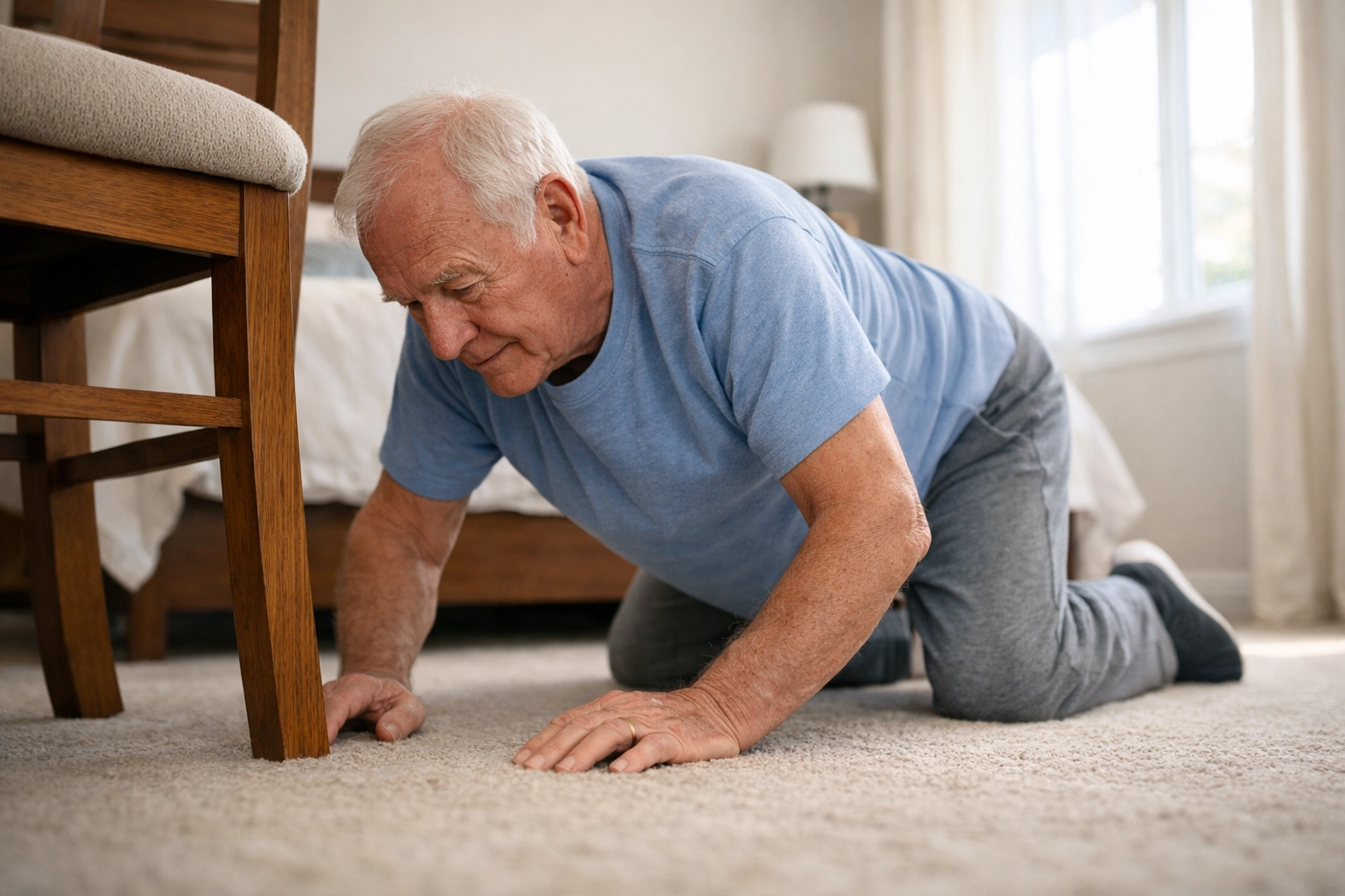 Senior rolling onto hands and knees using chair for support after fall