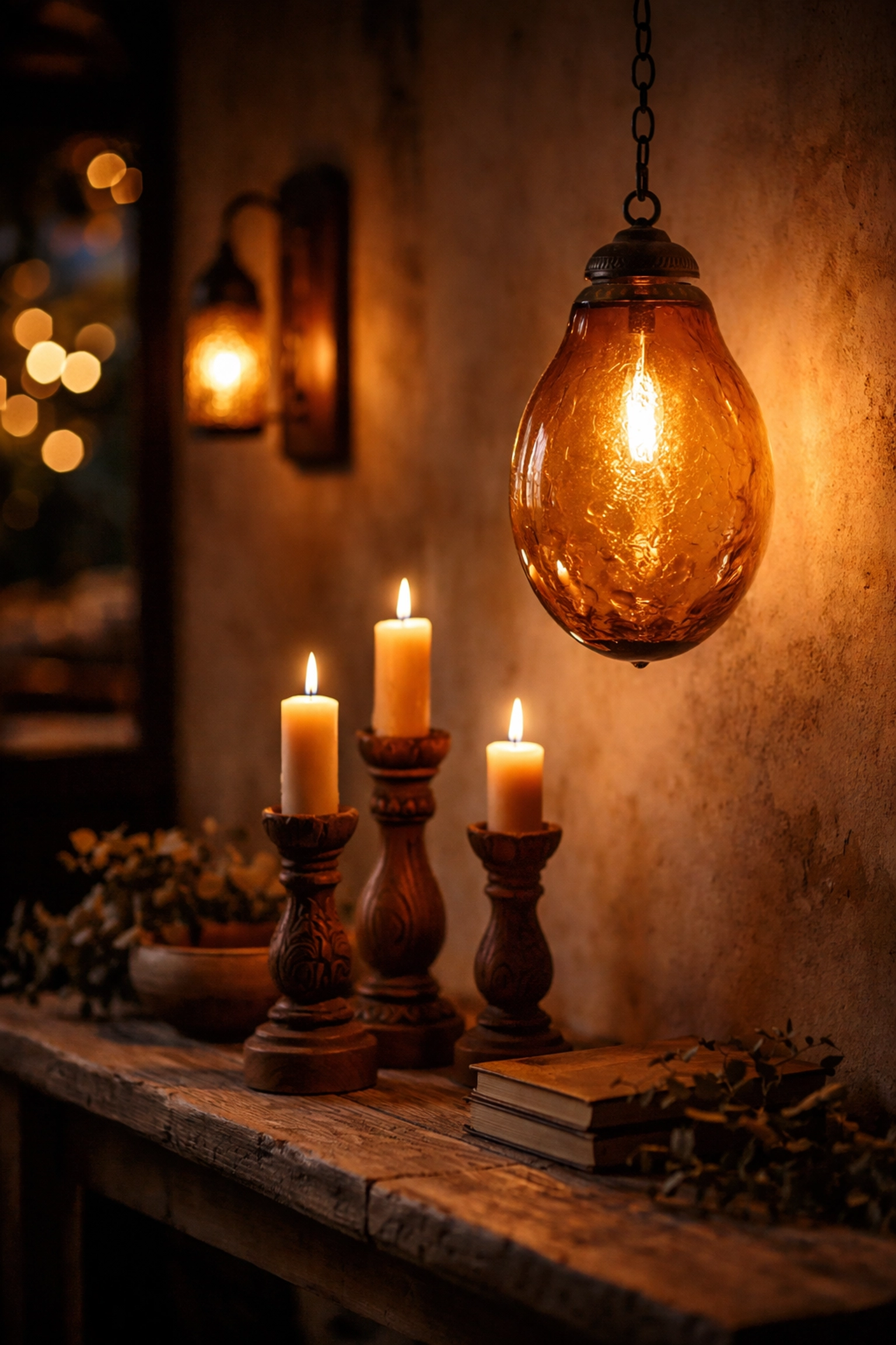 Artisan lighting fixtures, including an amber glass pendant and wooden candlesticks, create warm, inviting ambiance in a rustic room.