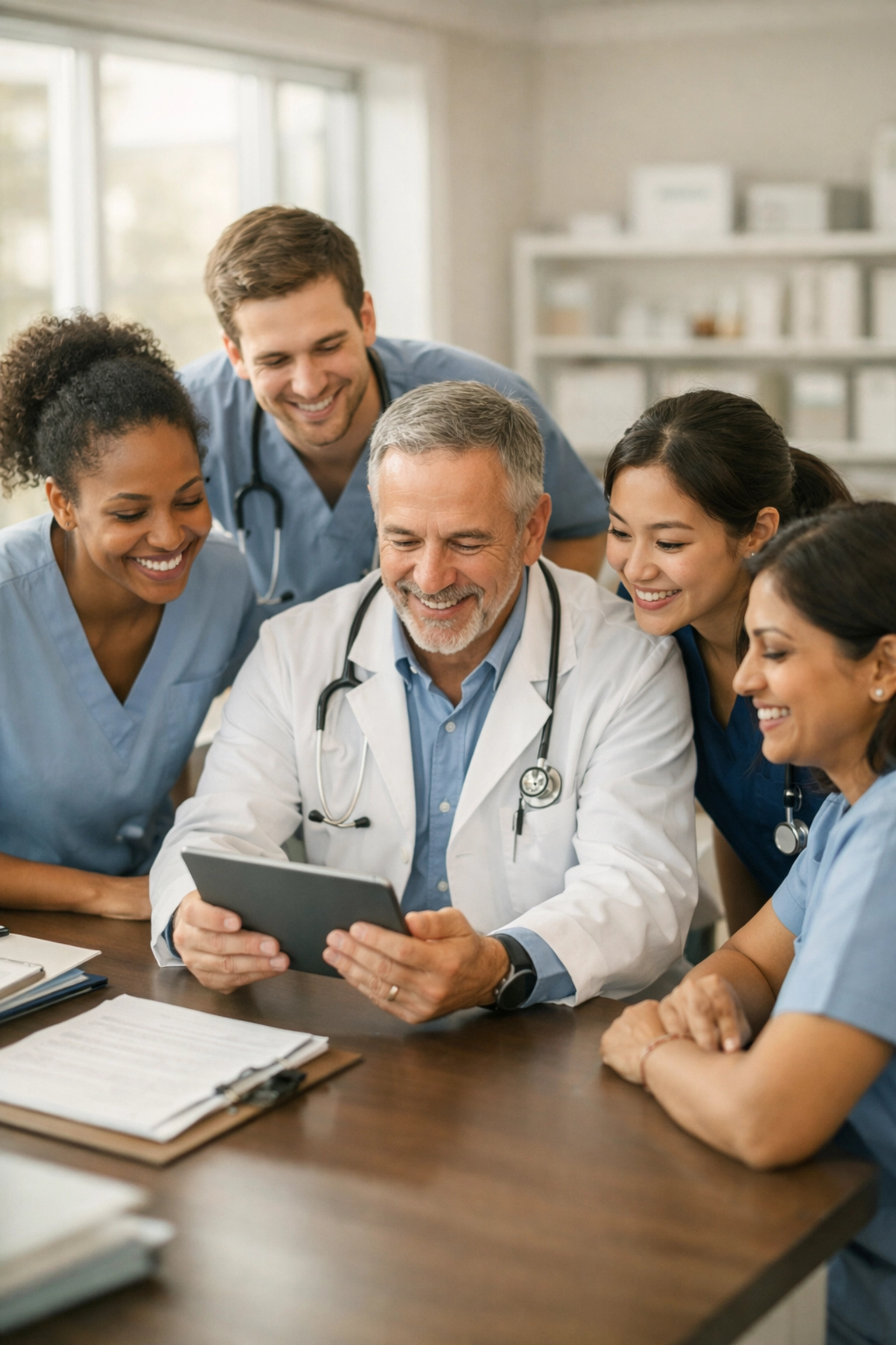 Healthcare team collaborating on practice management systems and workflows