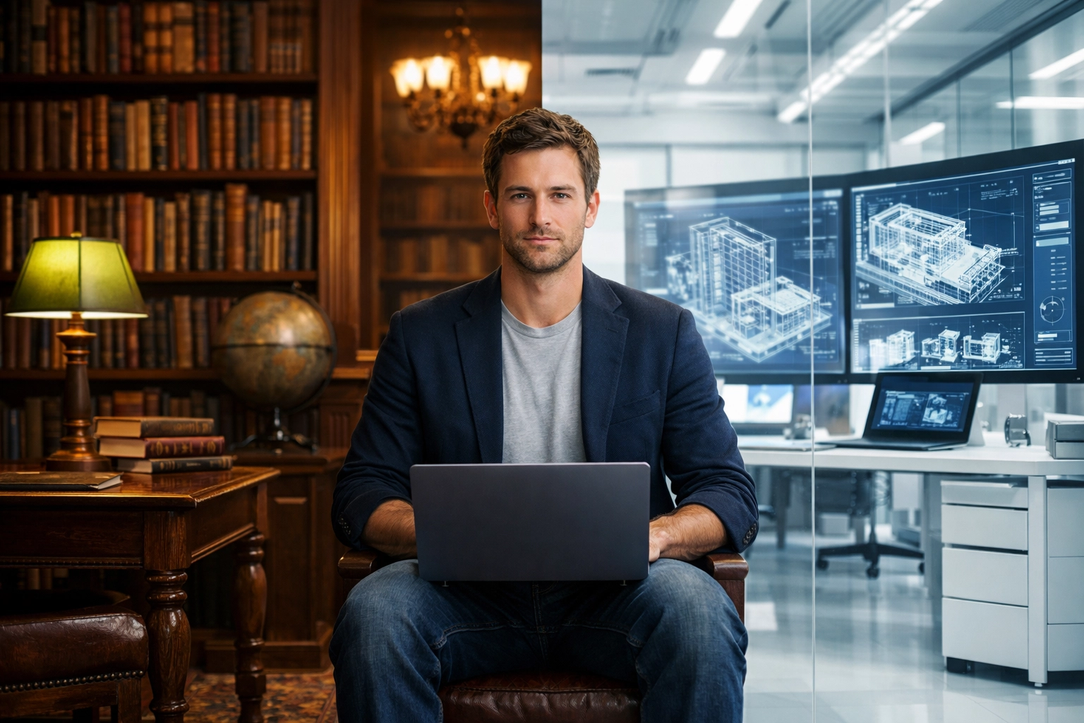 A professional combining traditional university credentials with modern online learning tools for career success.