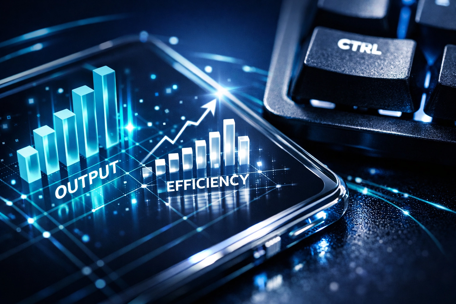 Digital tablet displaying productivity data charts to quantify remote ROI and output performance.
