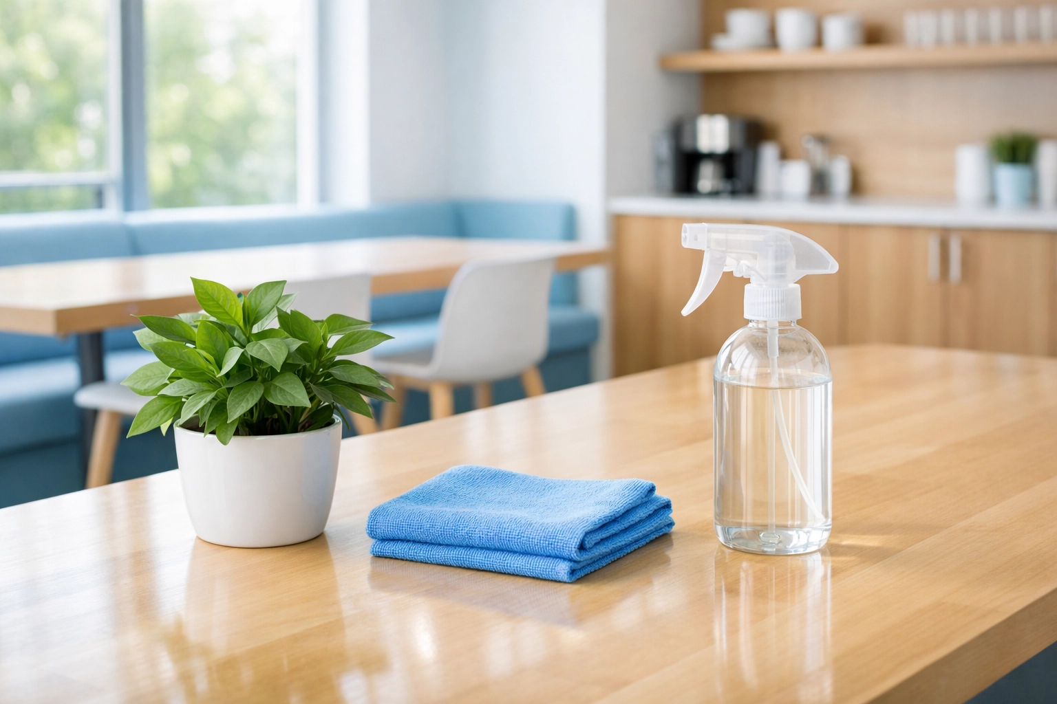 Eco-friendly commercial cleaning in Milford using green products in a modern office breakroom.