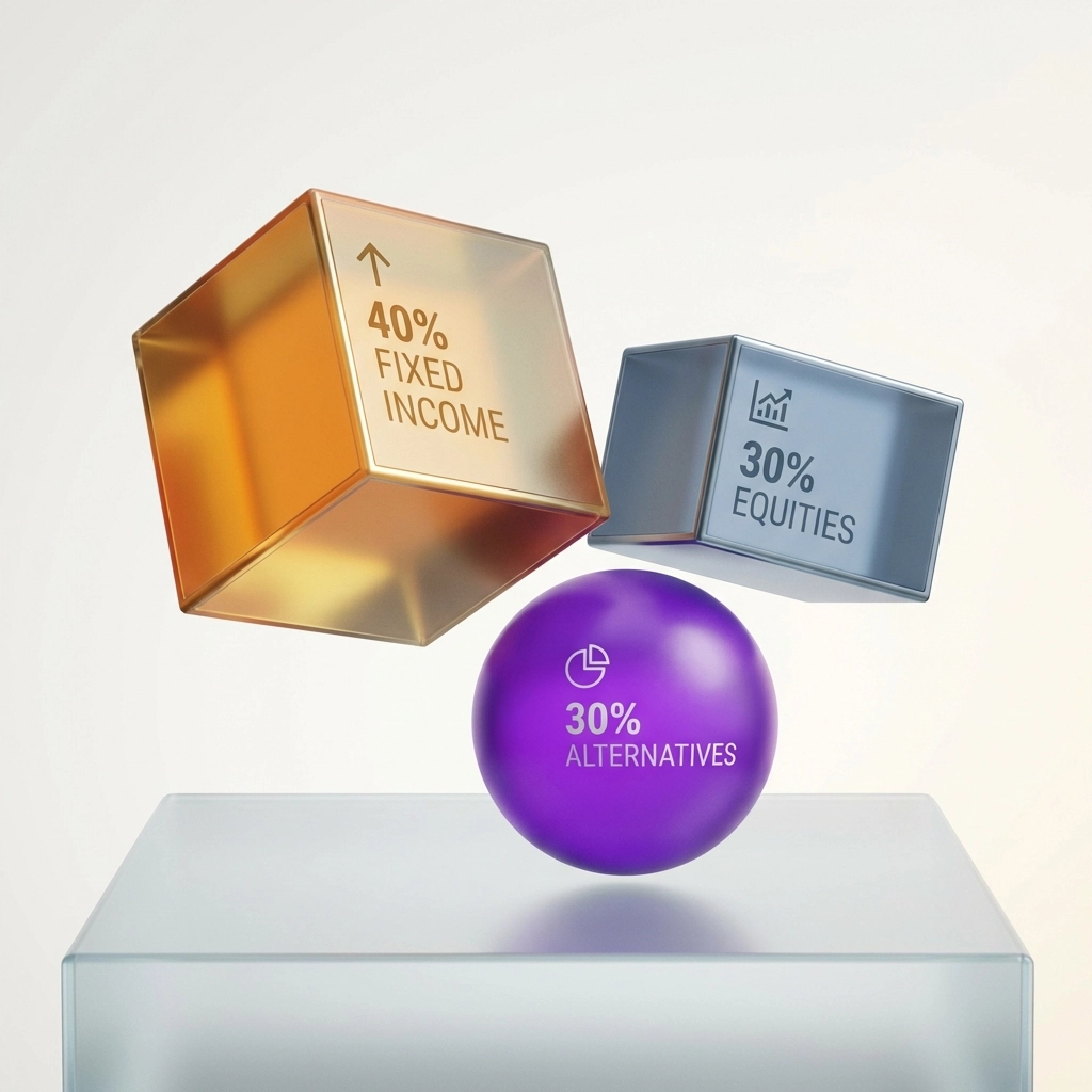 Three geometric blocks symbolizing the 40/30/30 portfolio allocation for equities, fixed income, and alternatives.