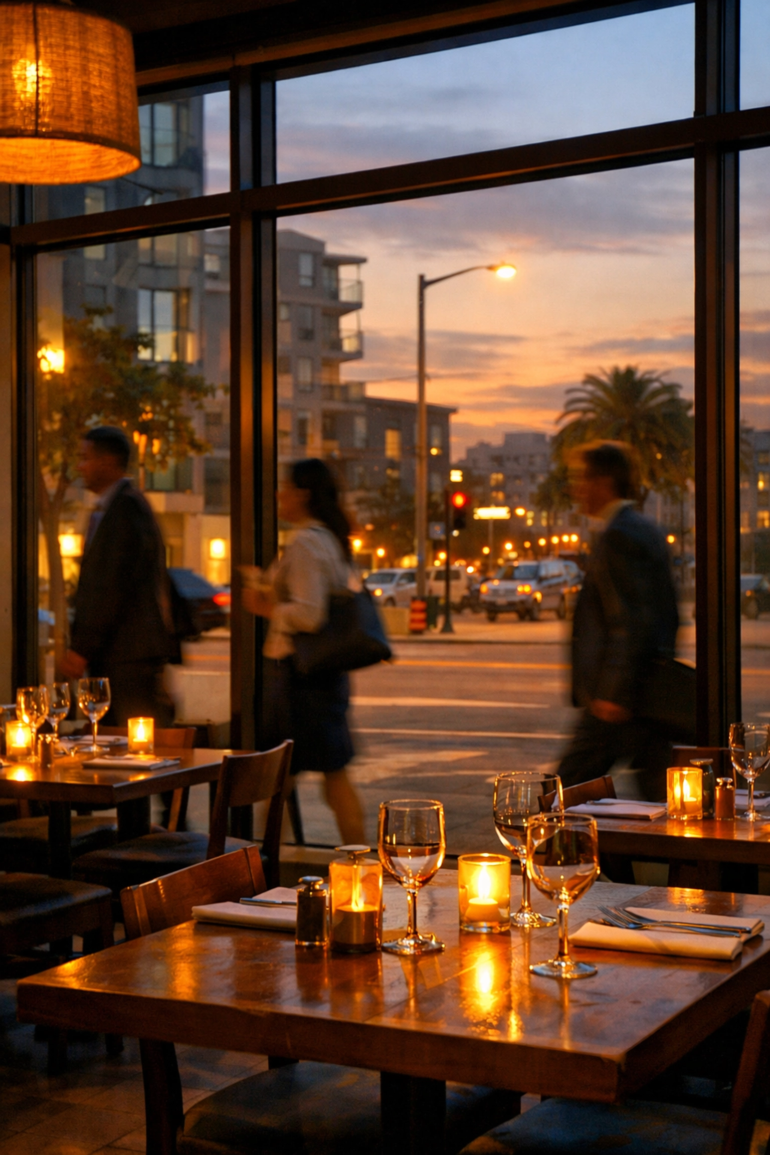 Modern Mission Bay restaurant interior at dusk with dining tables and urban setting