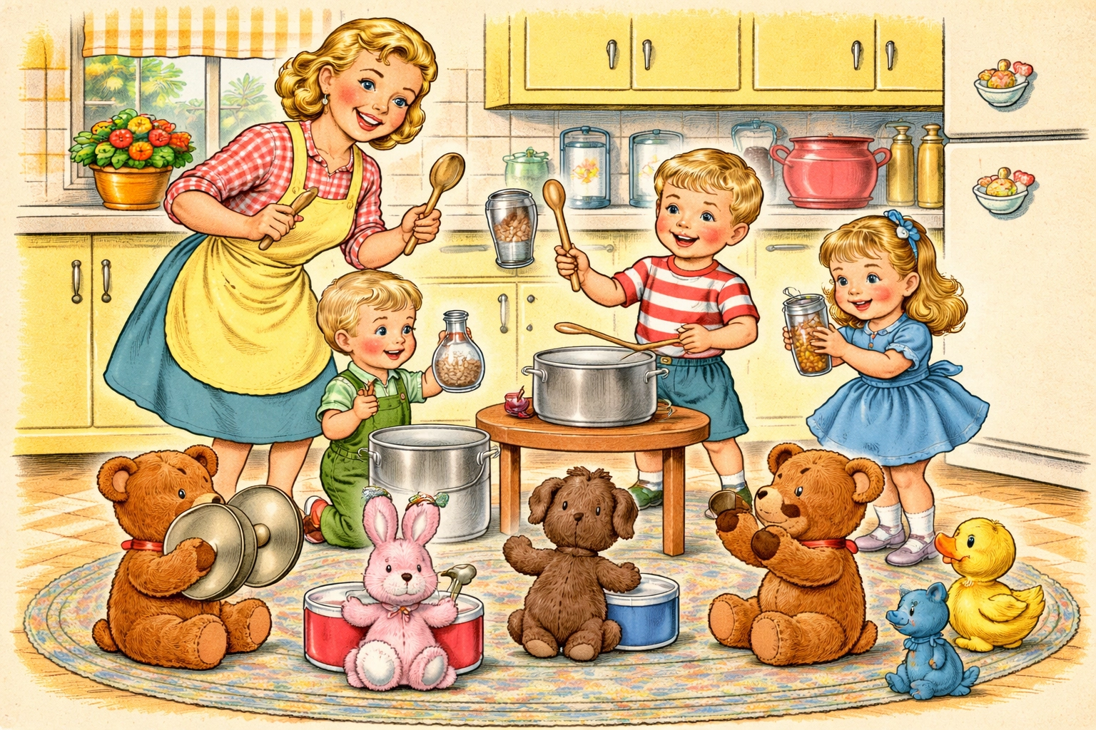 Family and children joyfully performing a kitchen band concert with homemade instruments, watched by stuffed animals as an audience.