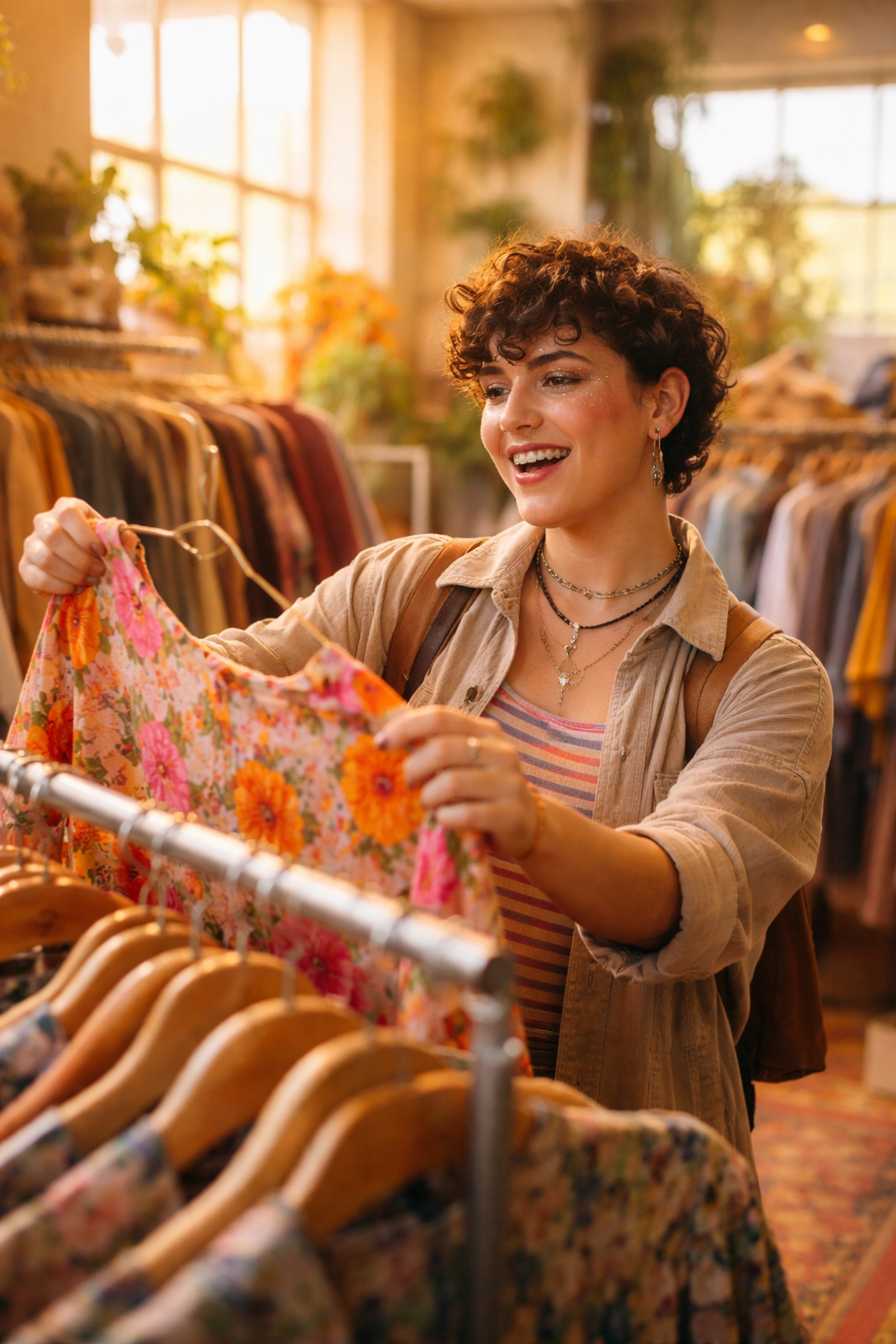 Non-binary person joyfully shops for vintage clothing in an inclusive, sunlit thrift store.