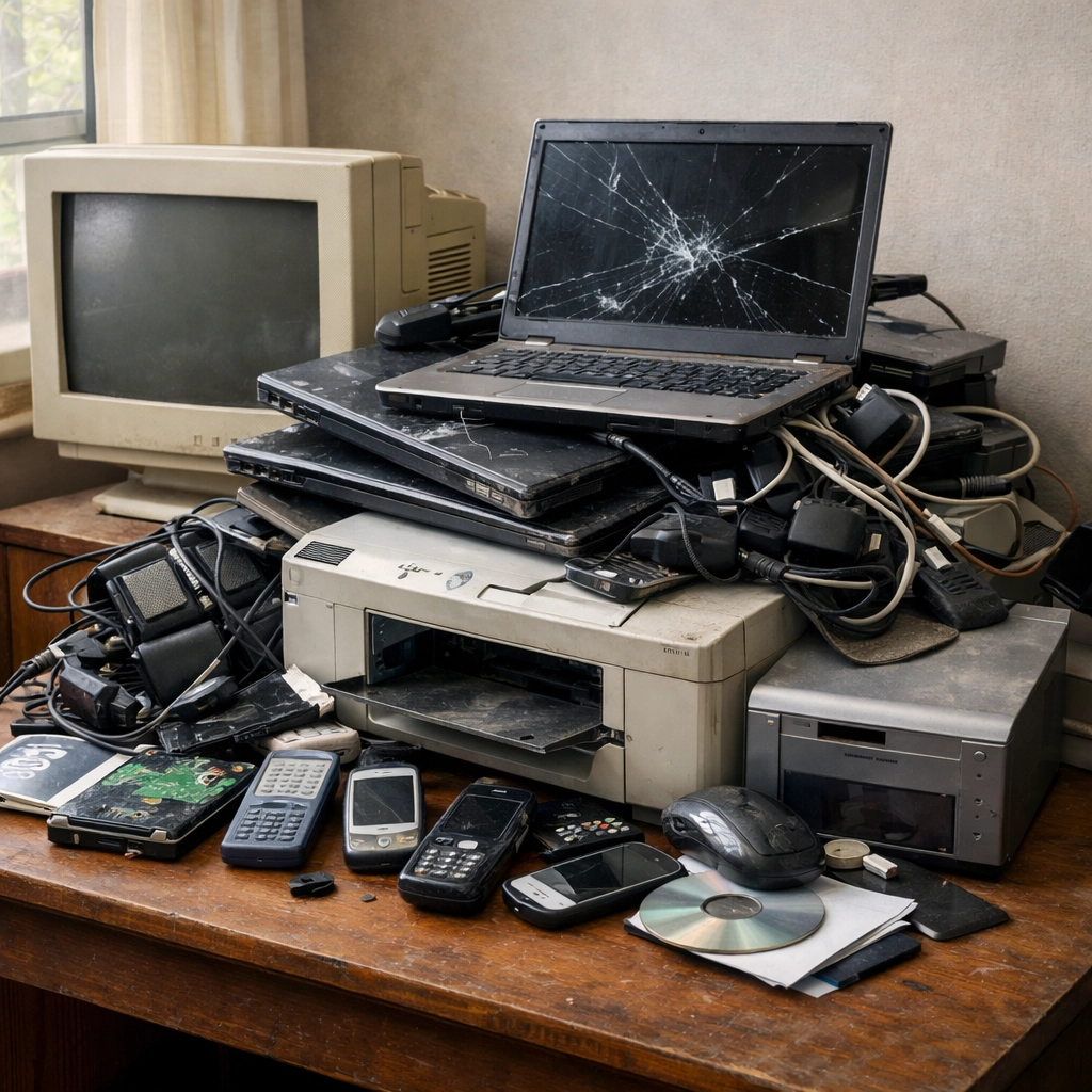 Pile of old electronic waste including broken laptops, phones and monitors ready for WEEE recycling