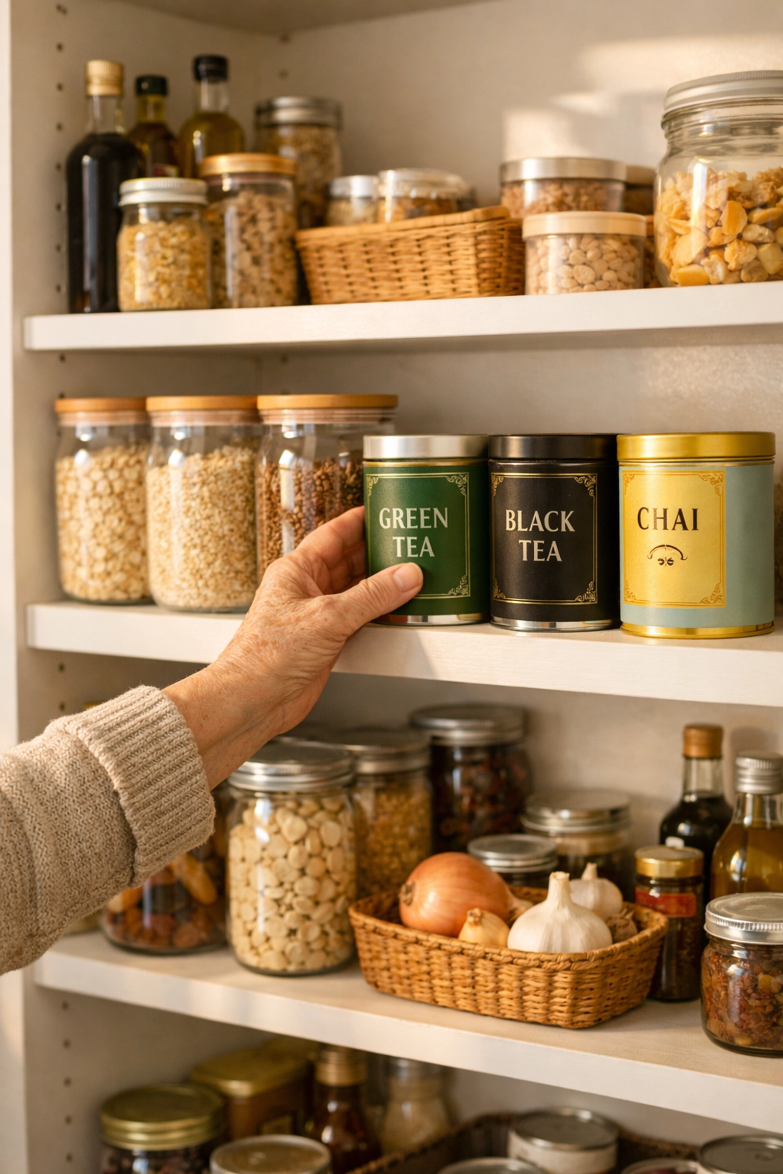 Kitchen pantry with items organized at waist height for easy reach and senior safety.