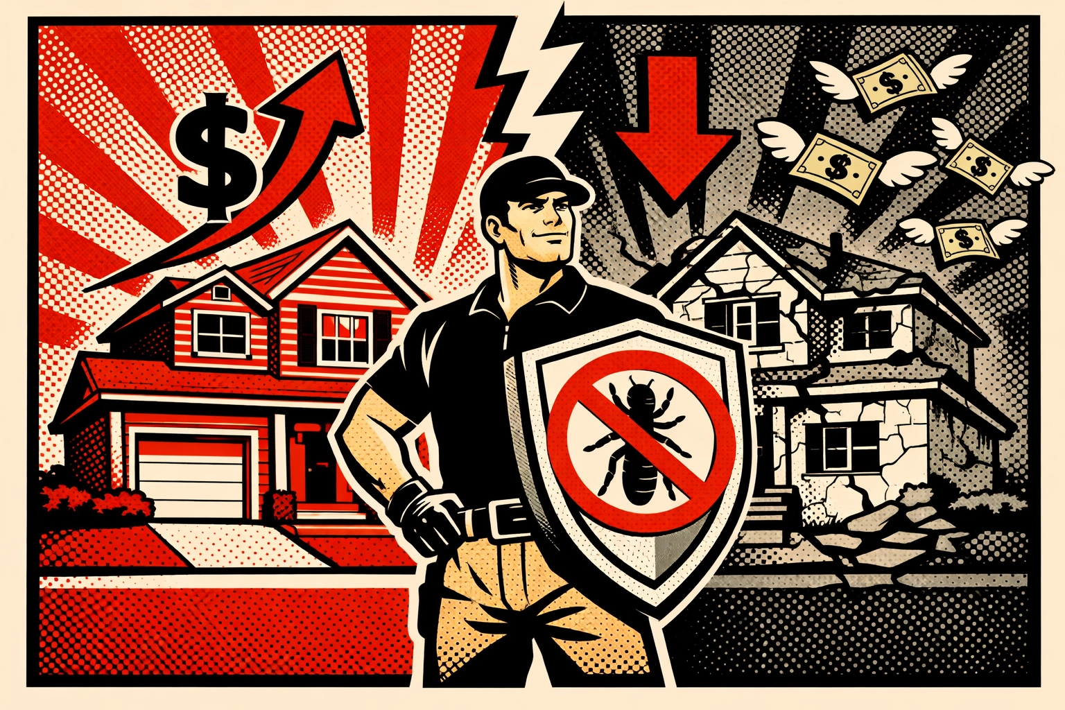 Termite protection comparison showing protected vs damaged home with pest control technician