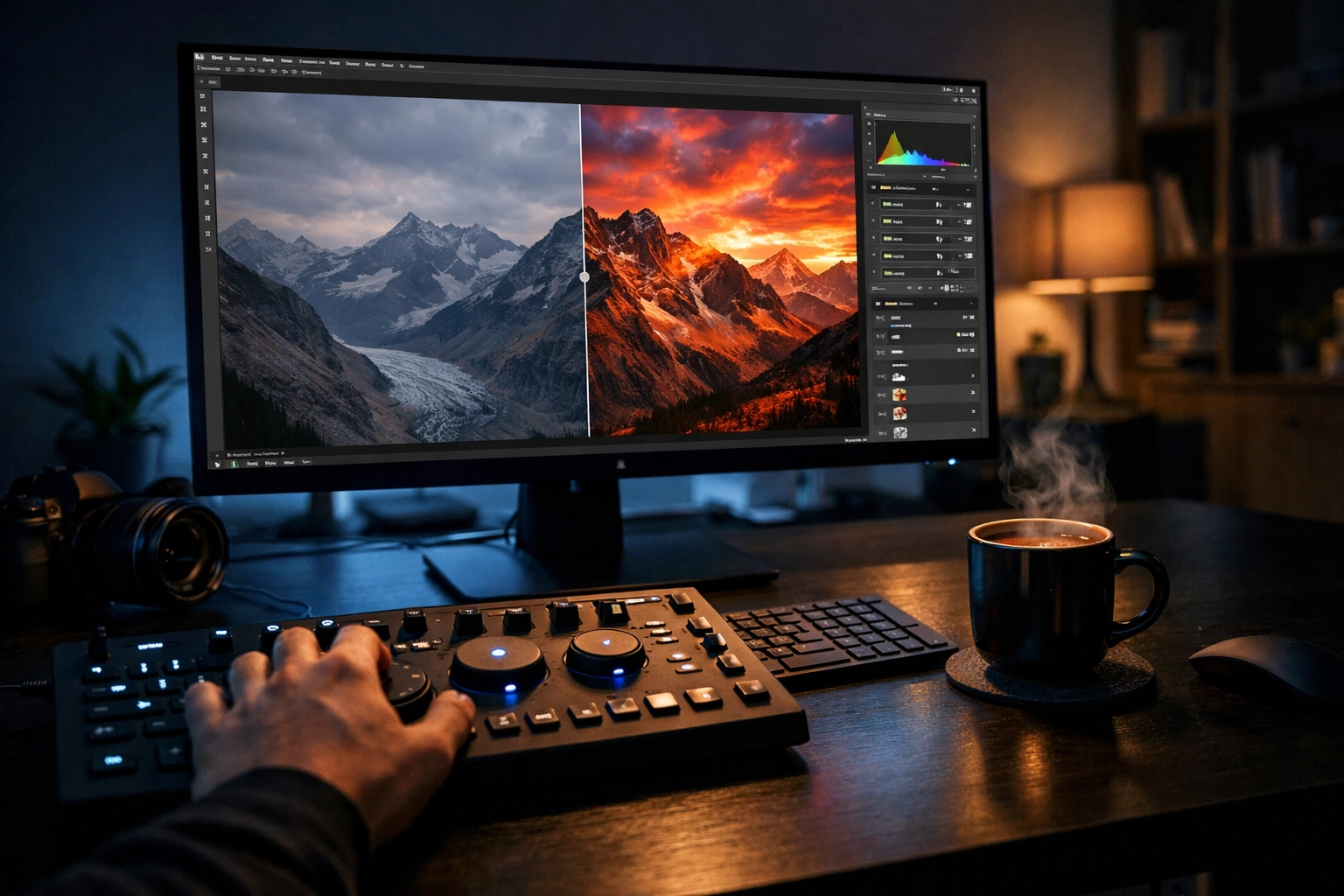 Photo editing setup showcasing a sunset landscape, a popular subject in photography tutorials and news.