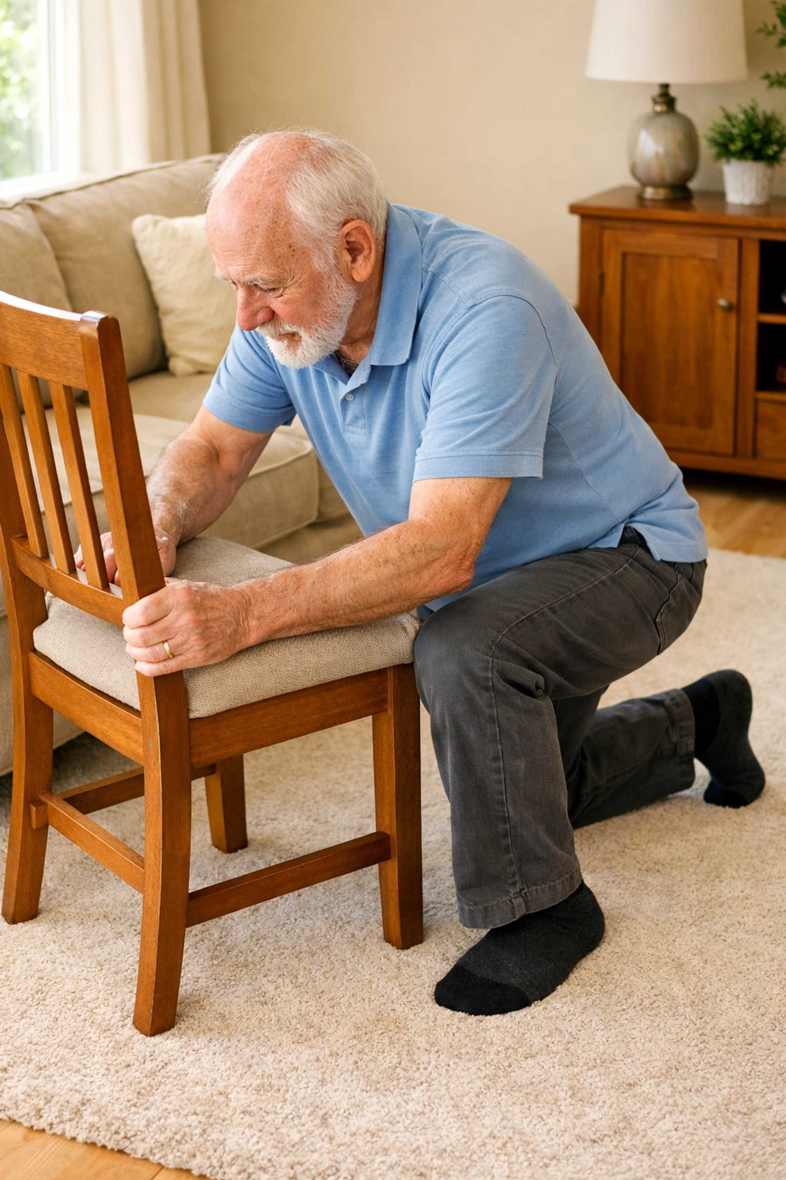 Senior man using sturdy chair to safely stand up after a fall at home