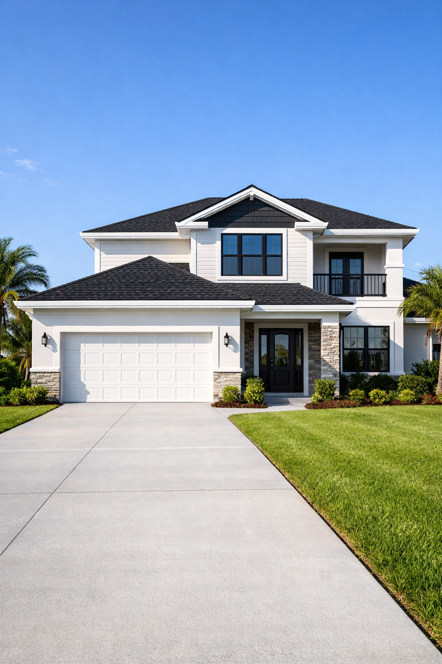 Modern Florida home with clean white gutters and pristine driveway showing professional gutter brightening results.