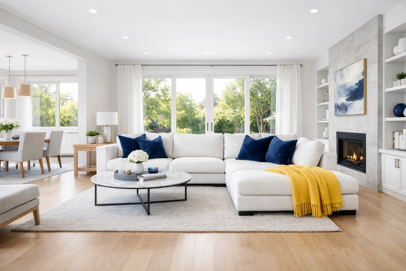 Tidy modern living room with wood floors illustrating a consistent weekly house cleaning routine.
