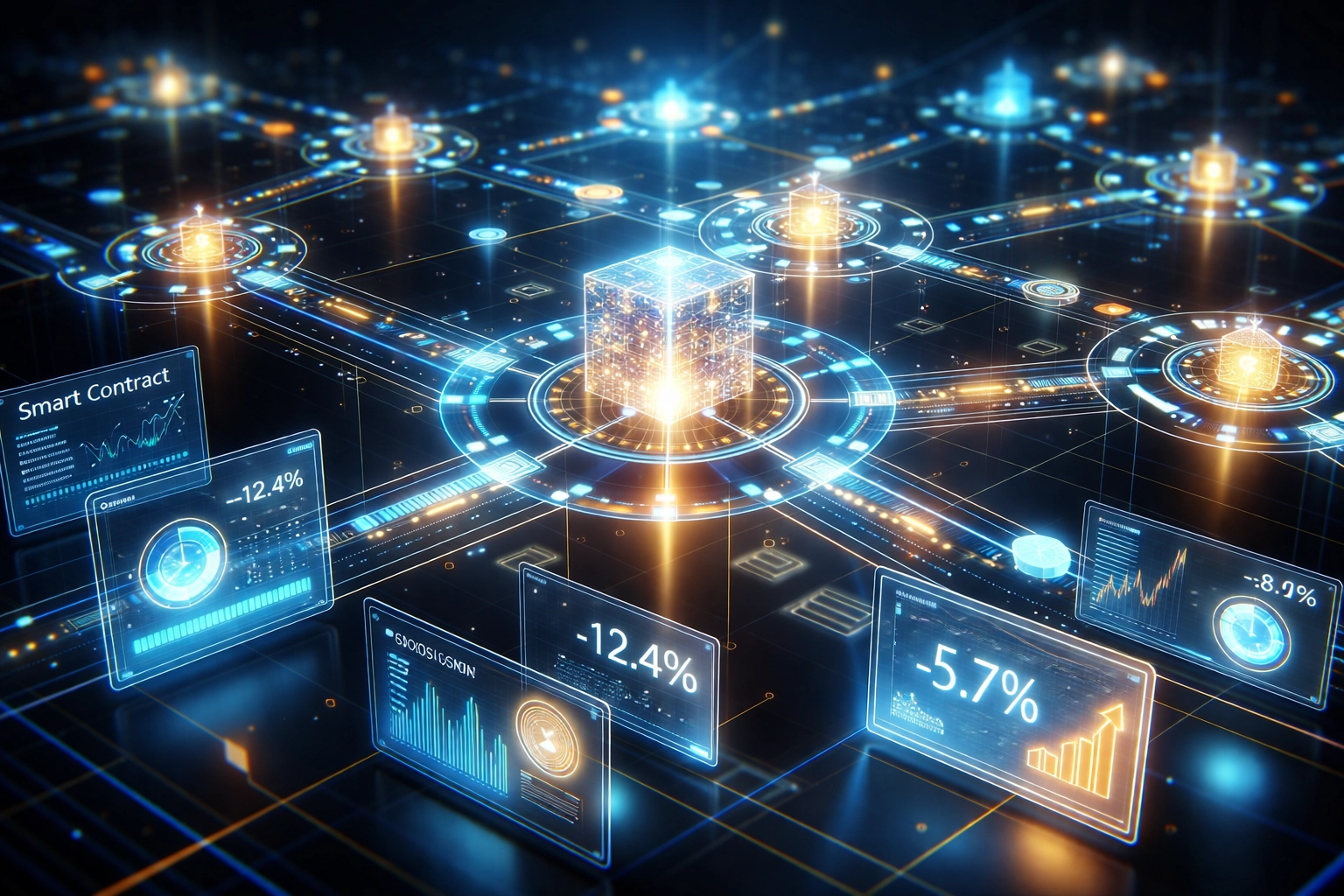 Visualization of blockchain networks and smart contracts showing reduced merchant processing fees