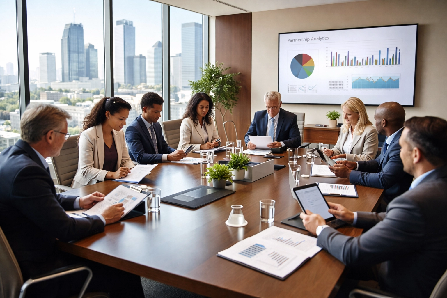 Business executives collaborating on partnership strategy in a modern boardroom with analytics display, representing brand partnership planning