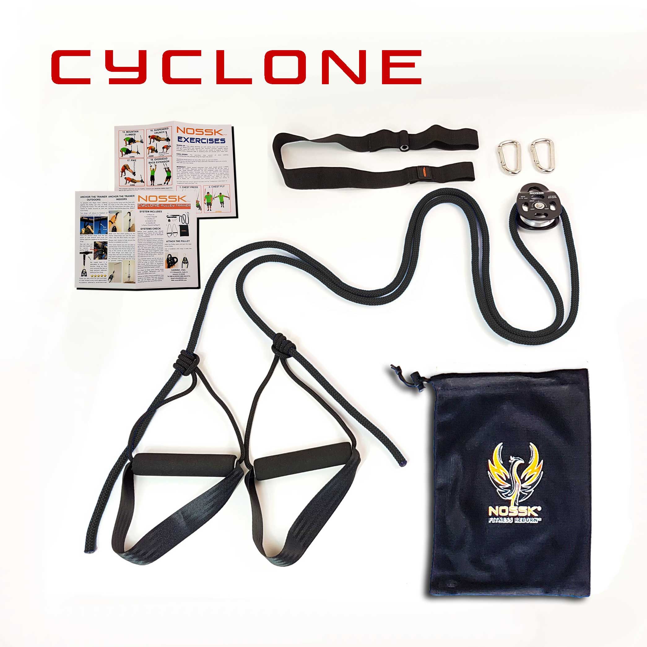 The full NOSSK Cyclone kit laid out and ready to use (pulley system and components visible).