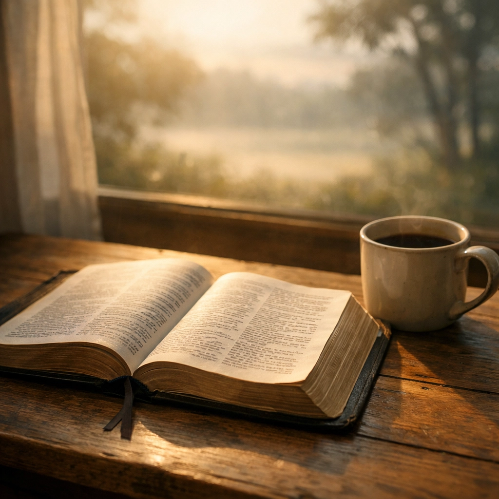 Open Bible on table with coffee representing prayer and peace during world news events