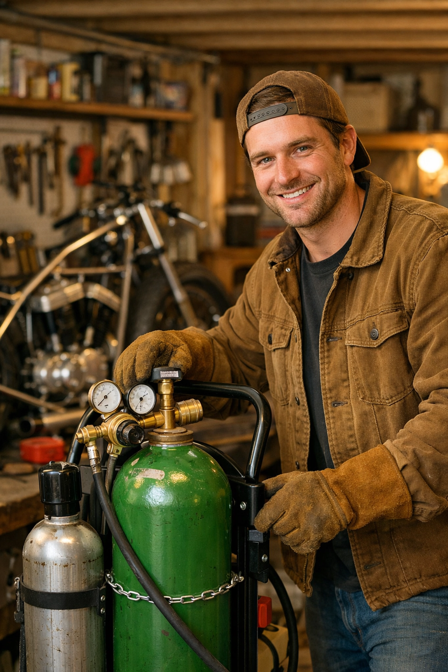 A DIY welder setting up an Argon gas cylinder with a regulator for a home welding project.