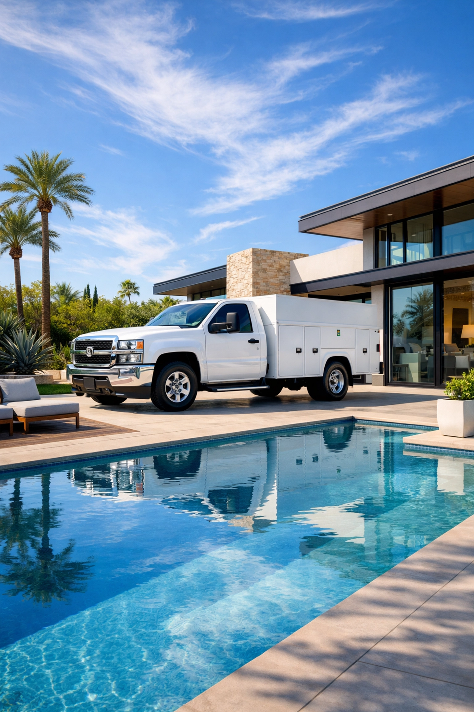Professional pool service truck at a luxury estate, representing a lucrative Florida or Texas pool route business.