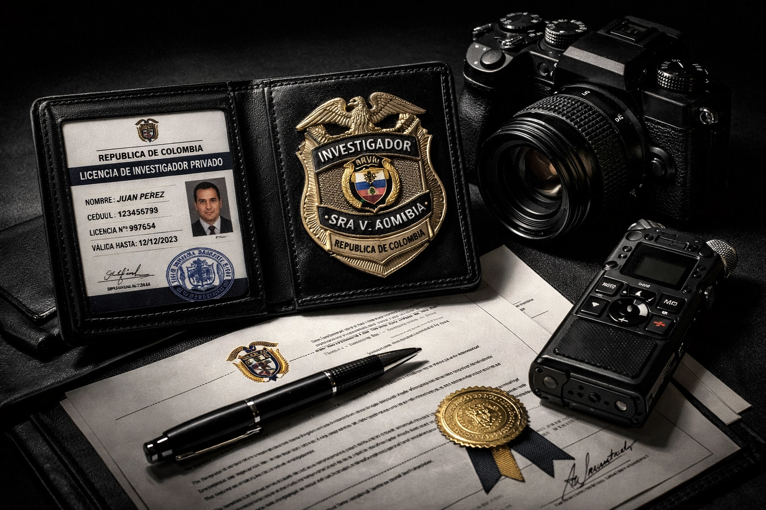 Licensed Colombian private investigator credentials and professional investigation equipment