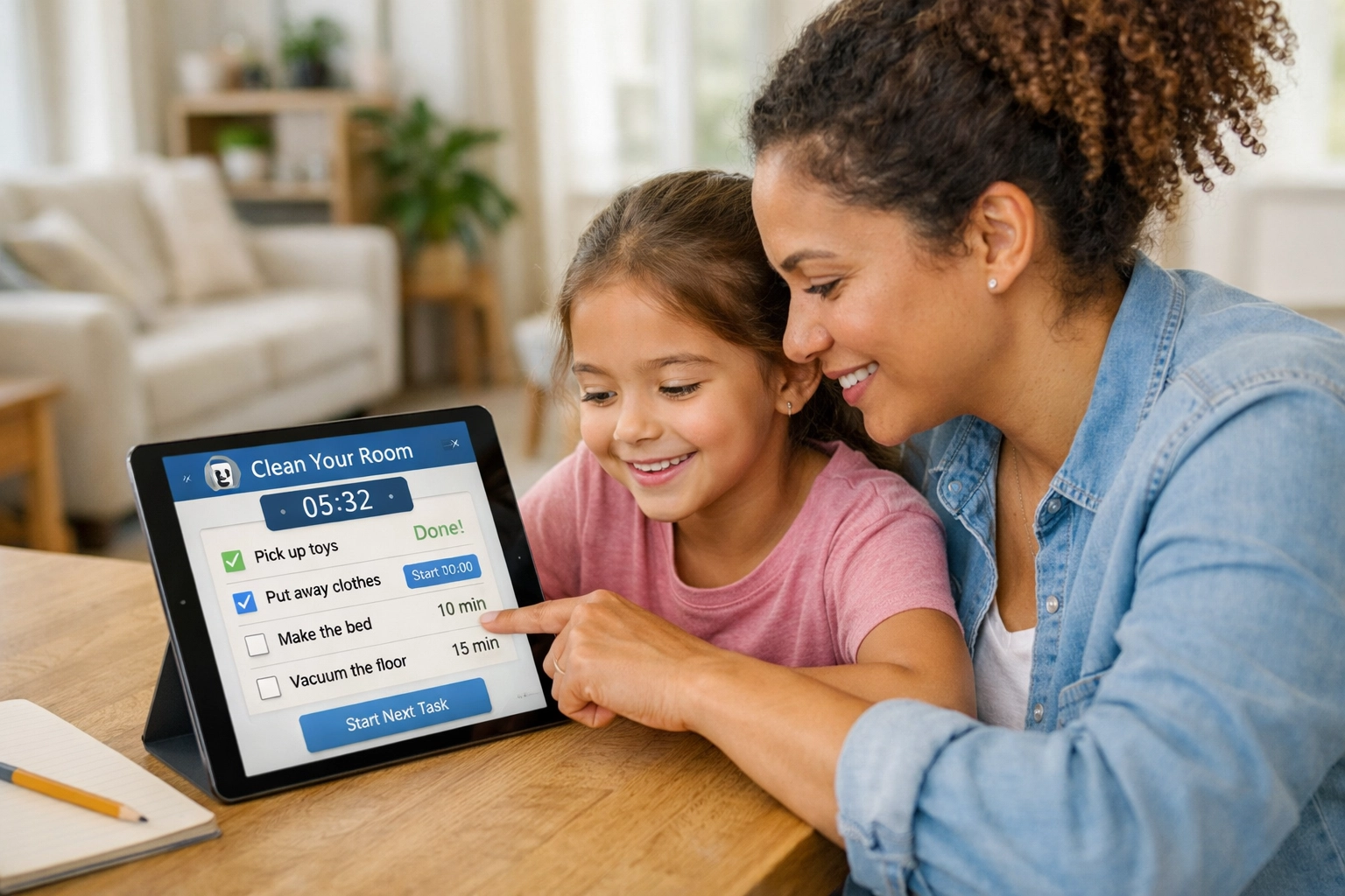 A parent and child using a tablet with an AI checklist and timer to break a big chore into small, doable steps.