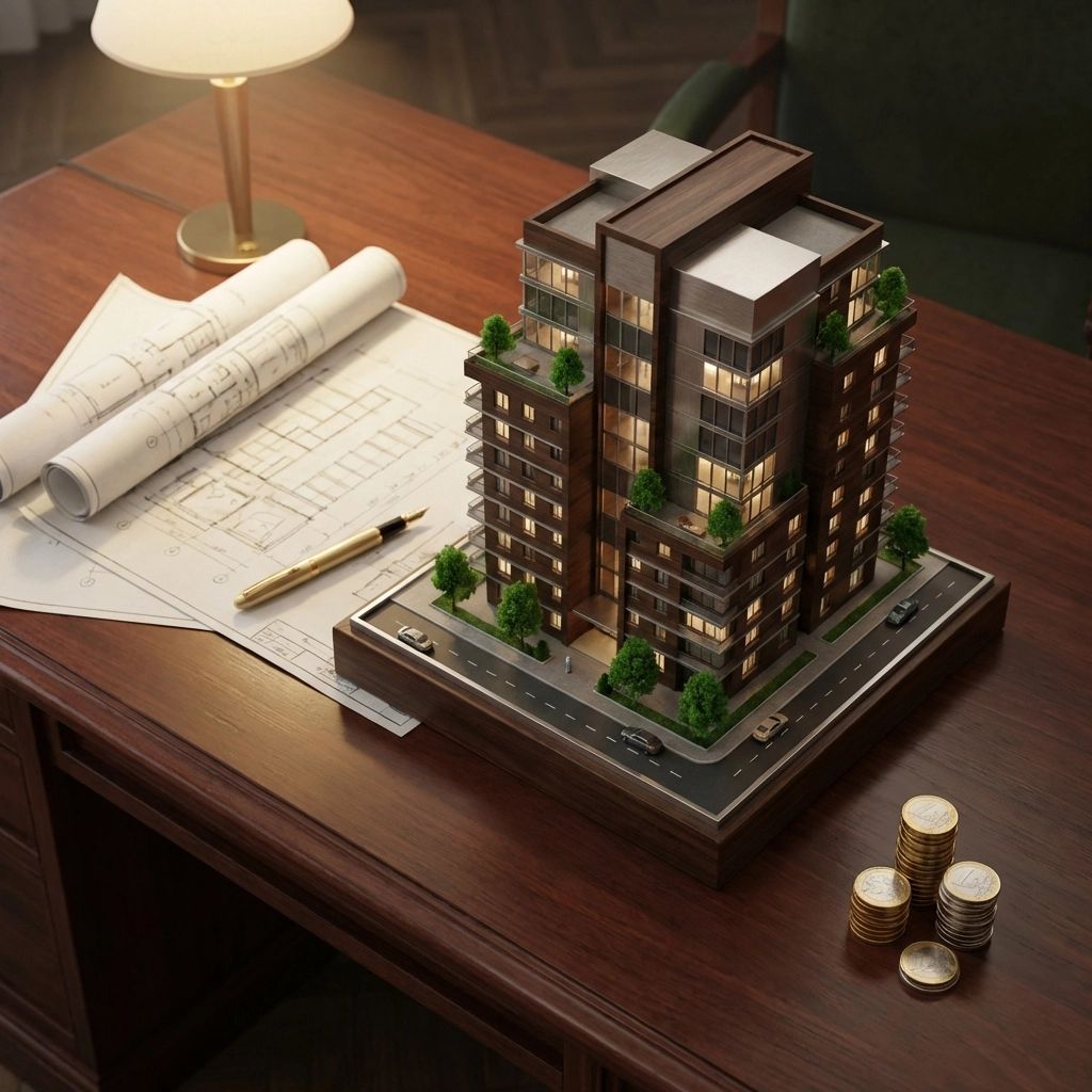 Luxury apartment model with blueprints and coins, representing real estate investment strategies.
