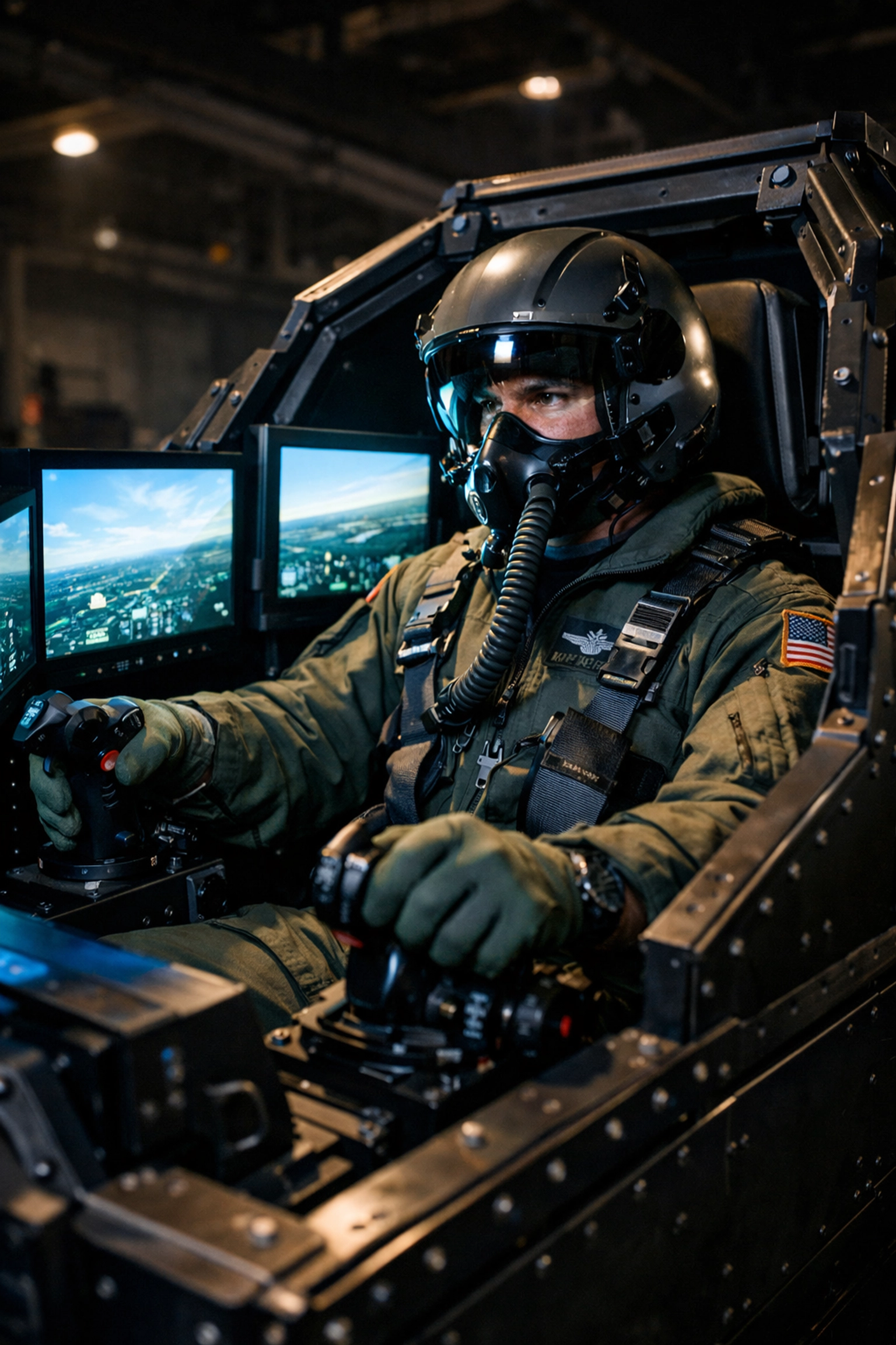An Air Force pilot using a modular simulation pod in a military hangar for professional flight training.