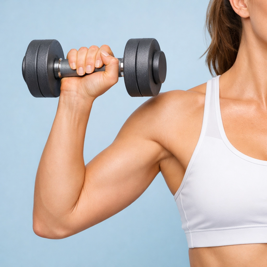 Toned woman's arms holding dumbbell showing lean muscle definition from strength training