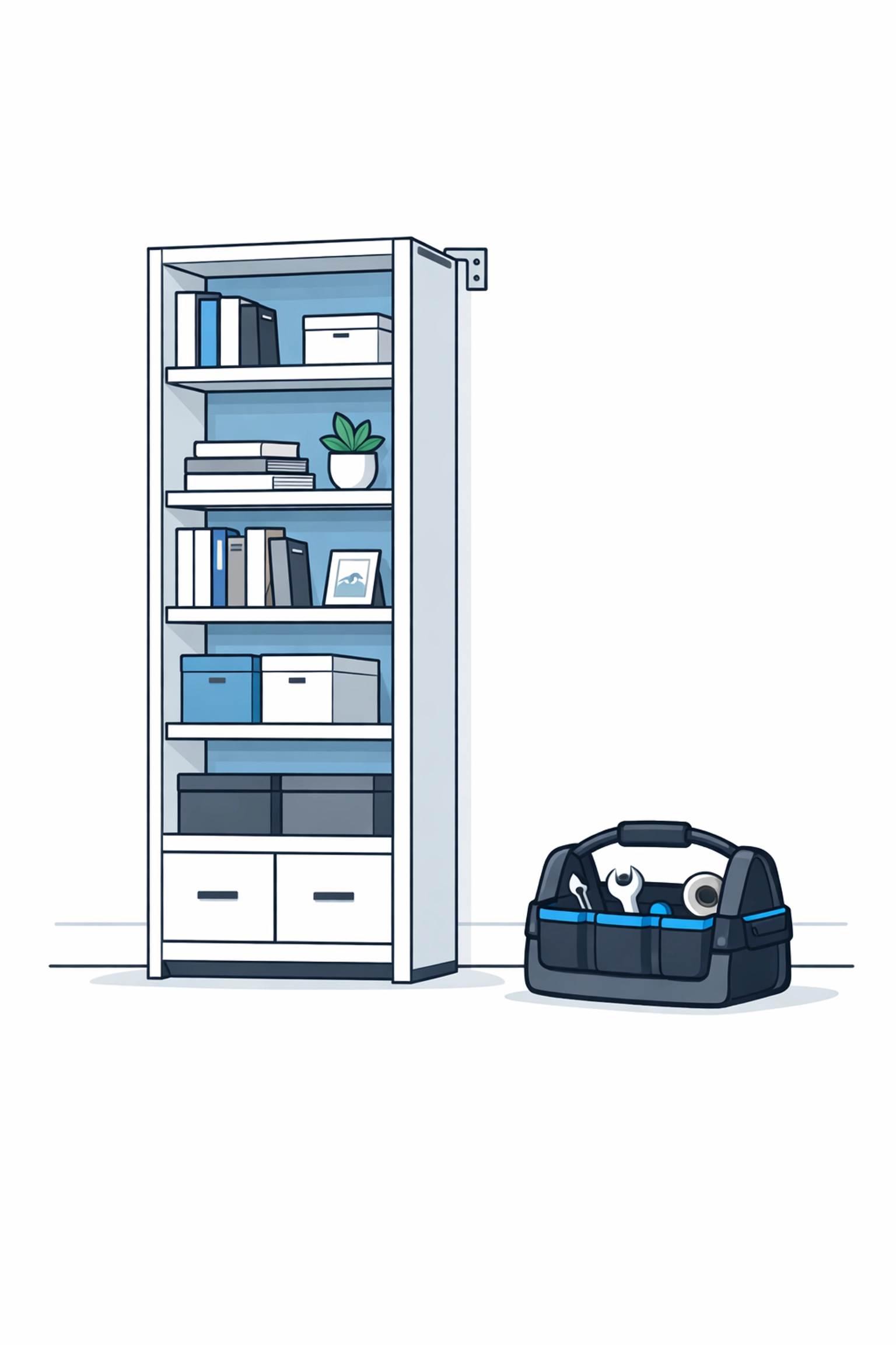 Modern bookshelf professionally assembled and anchored to the wall for home safety.