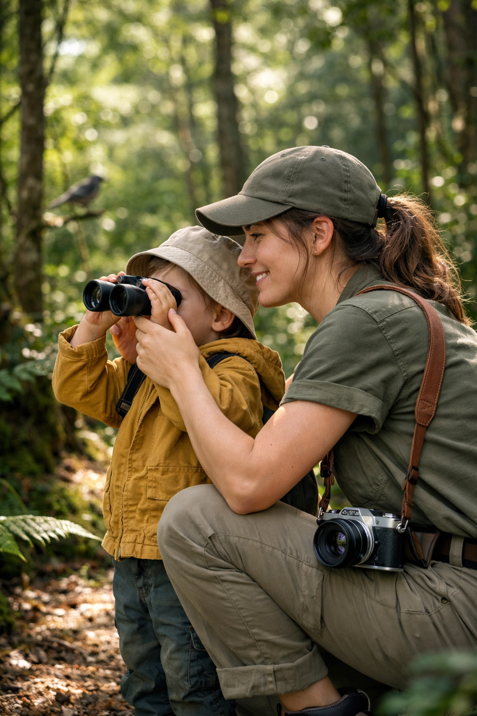Mother and toddler exploring a forest trail, searching for the best photography locations in nature.