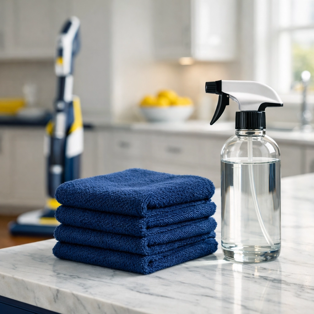 Eco-friendly supplies used for high-end deep cleaning services in a Wellesley estate kitchen.