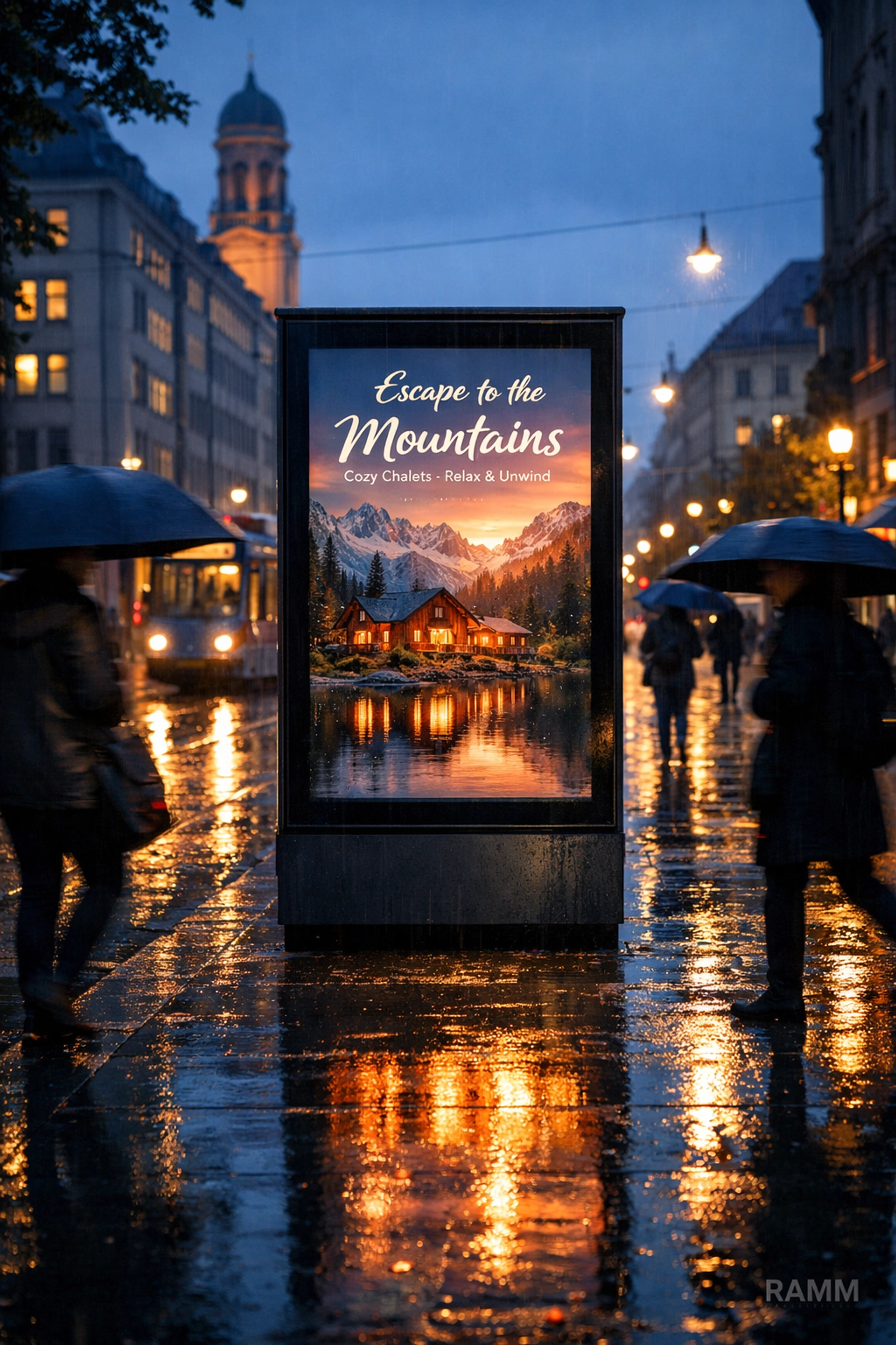 Dynamic street-side DOOH kiosk in Munich using weather-based triggers to engage urban commuters at dusk.