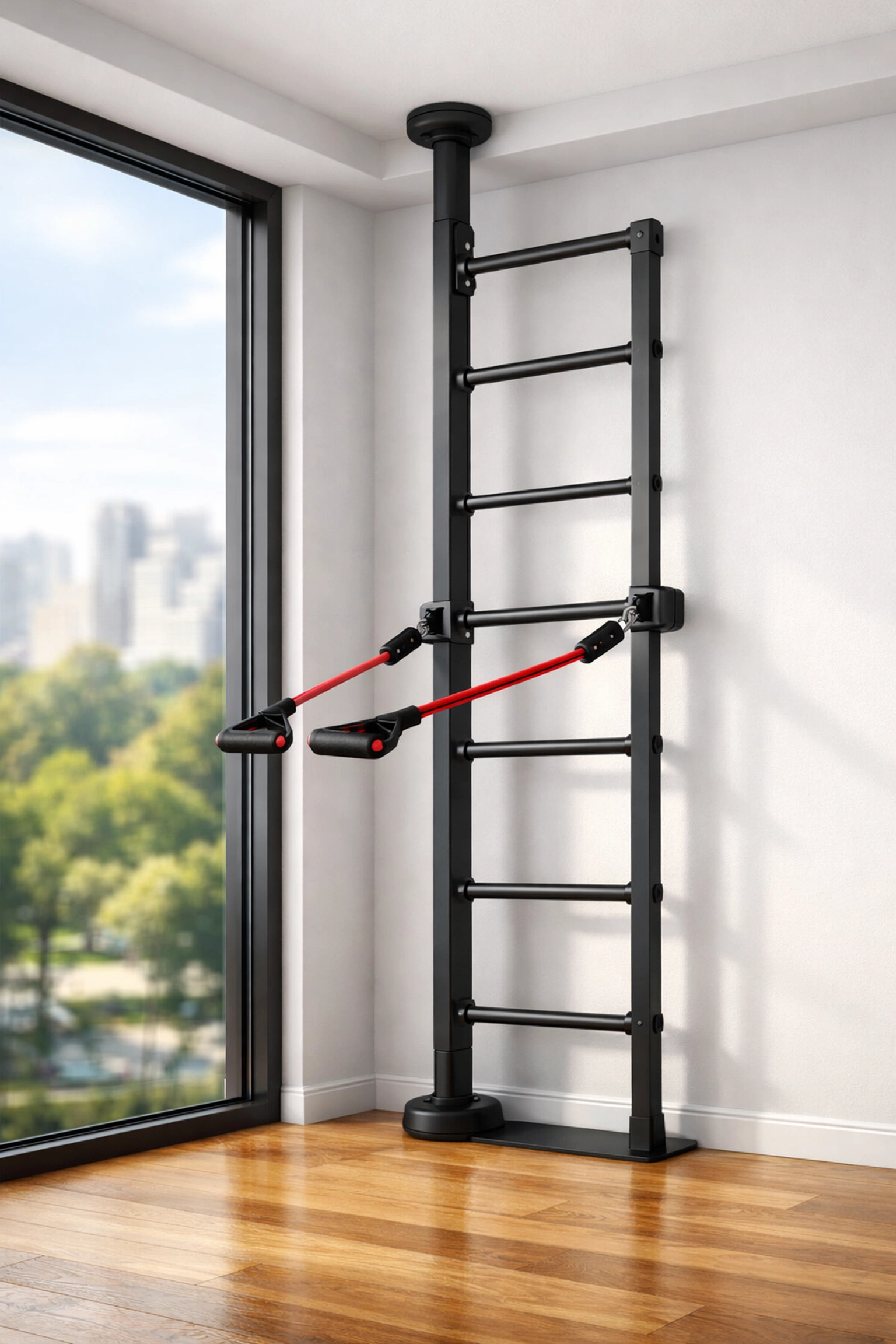 Versatile floor to ceiling gym rail with resistance bands for a home gym workout system with no wall damage.