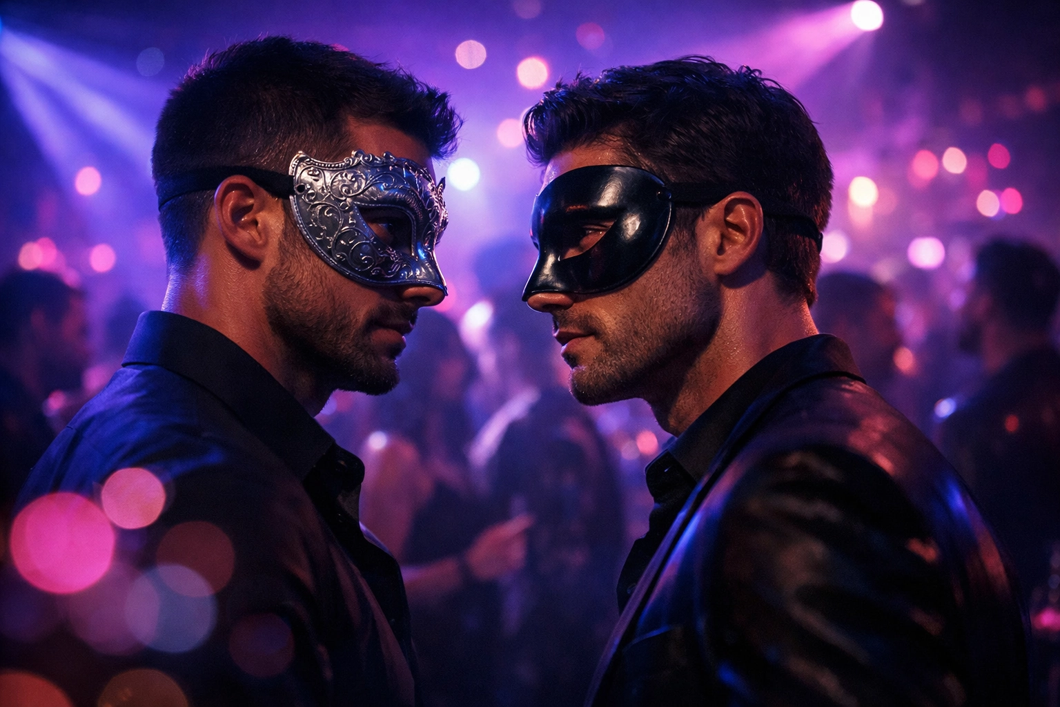 Two men in masks exchange intense looks across a gay cruising bar dance floor in MM romance scene