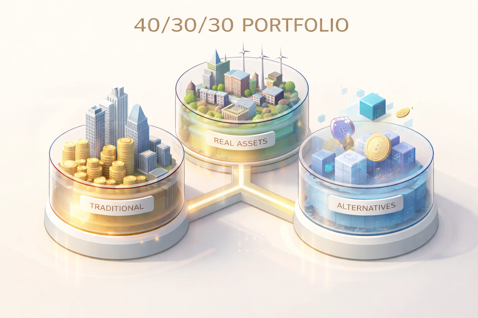 Diagram of the 40/30/30 portfolio model showing allocation to traditional, real, and alternative assets for modern diversification.