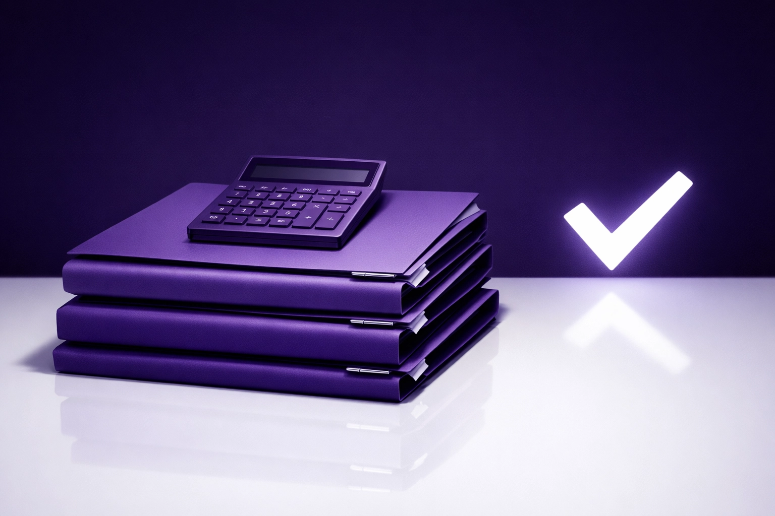 Purple folders and a calculator with a checkmark showing tax-ready records for small business bookkeeping.