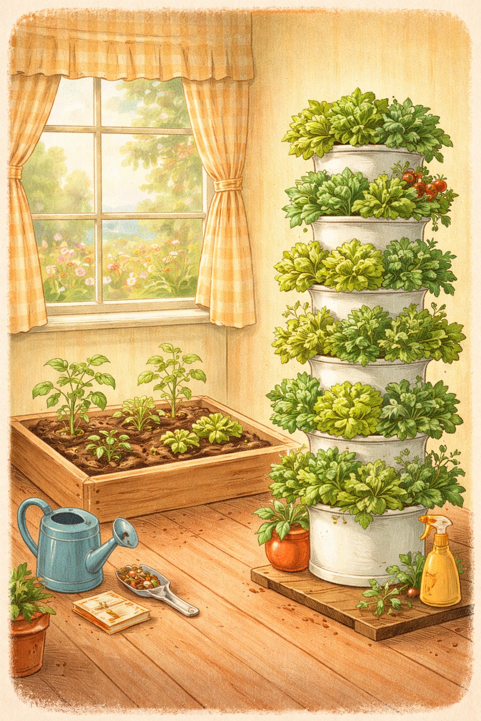 Illustration comparing a flat garden bed to a stacked vertical tower garden, showing how vertical farming boosts yield indoors.