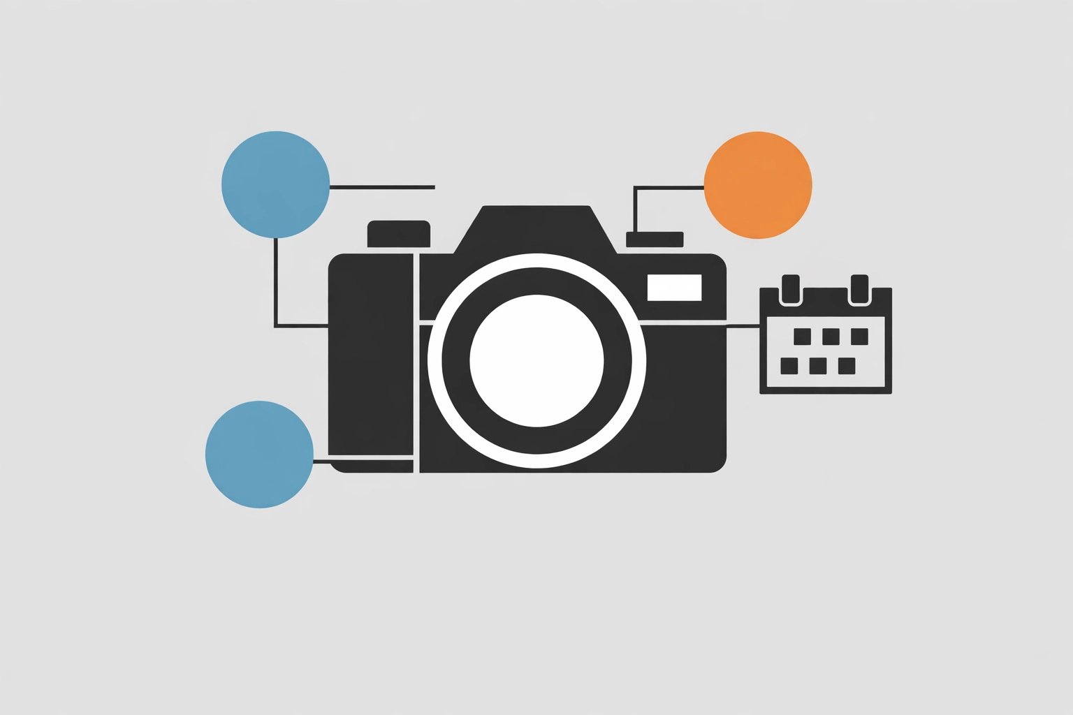 Minimalist graphic of a camera and calendar representing streamlined photography gig bookings on ProShoot.io.