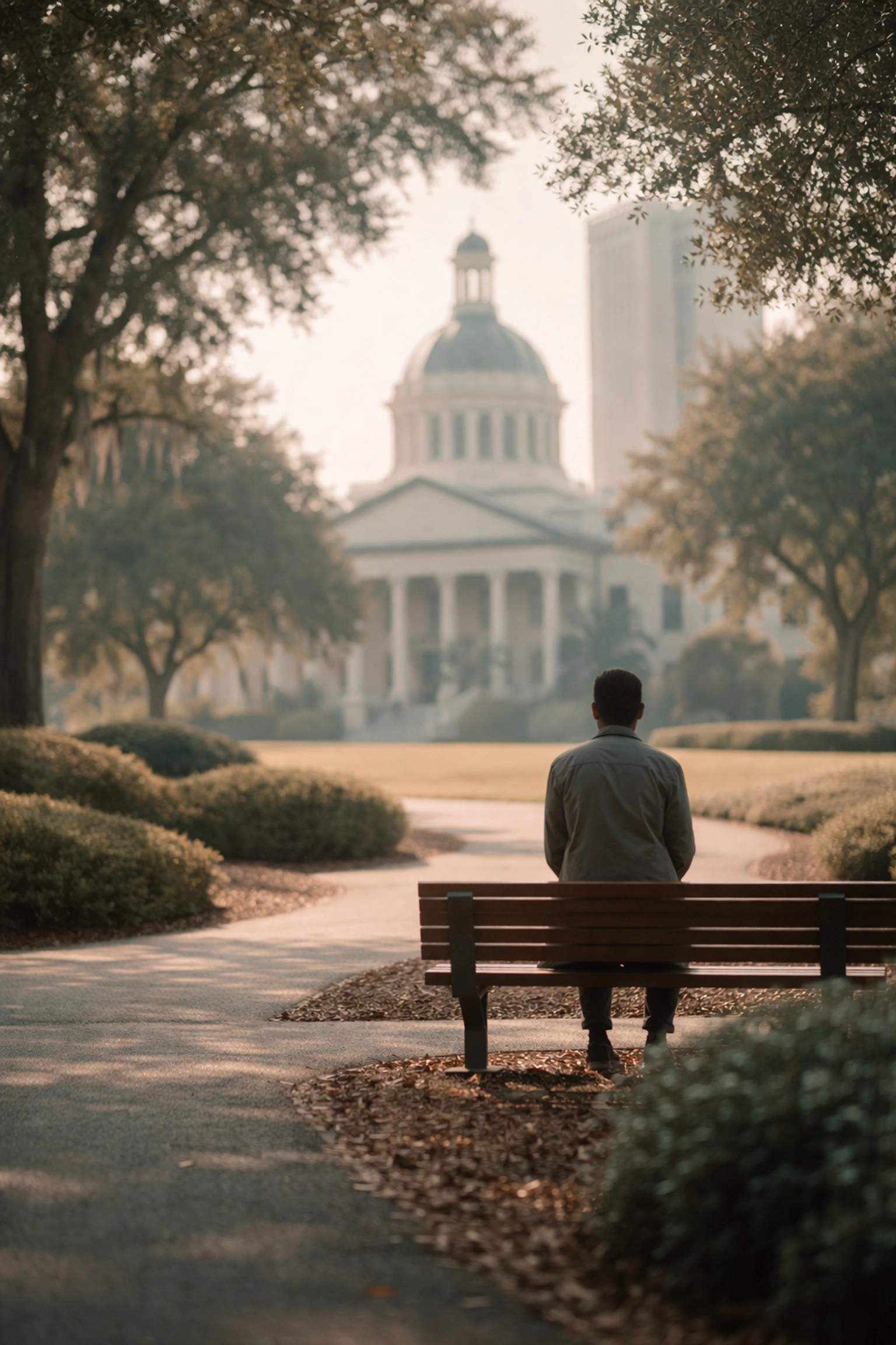 Person reflects on HB 743 near Florida Capitol, representing LGBTQ+ community concerns over new healthcare law