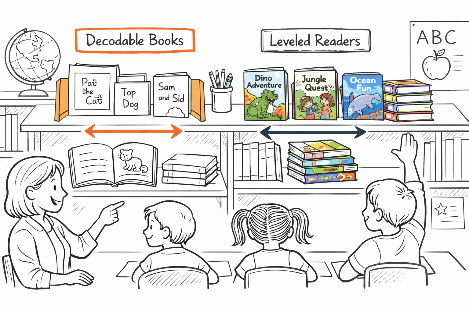 Decodable books compared to leveled readers in classroom bookshelf