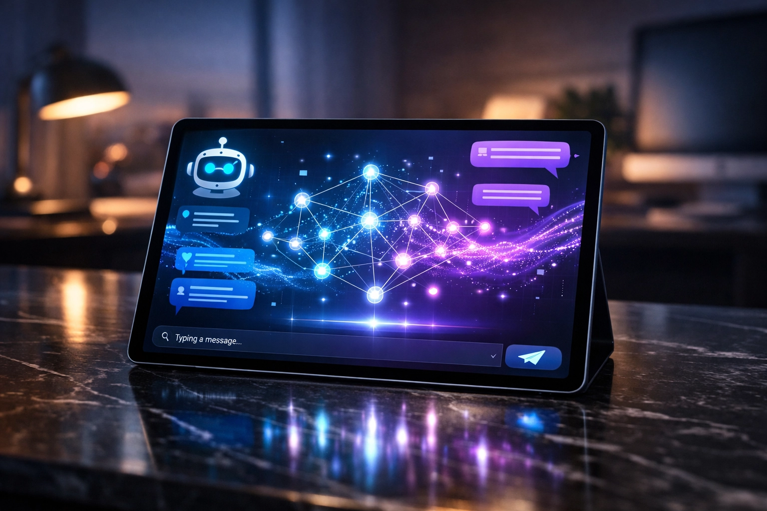 AI chatbot dashboard on tablet for automated customer support and lead generation